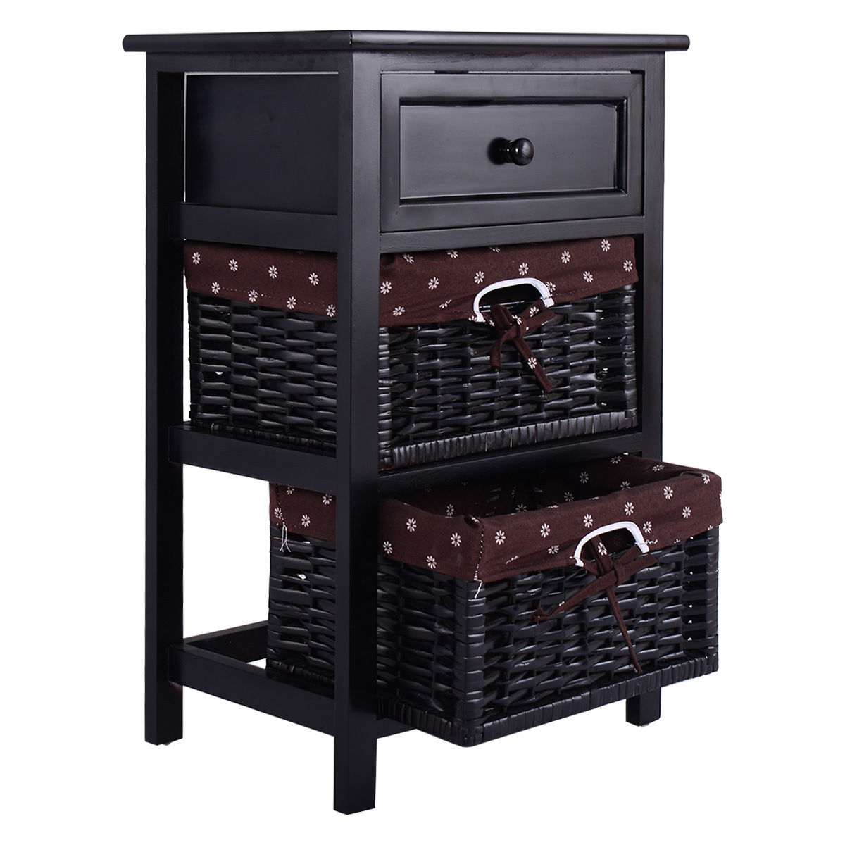 Wooden Storage Nightstand with 1 Drawer and 2 Baskets, Compact Bedside Table – Black