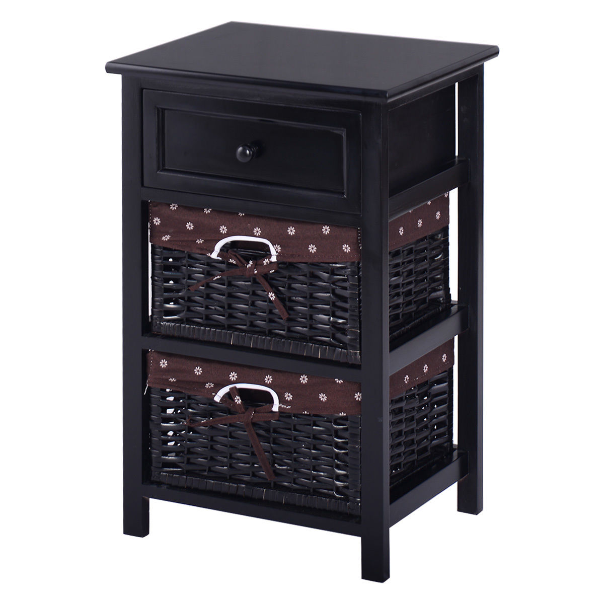 Wooden Storage Nightstand with 1 Drawer and 2 Baskets, Compact Bedside Table – Black