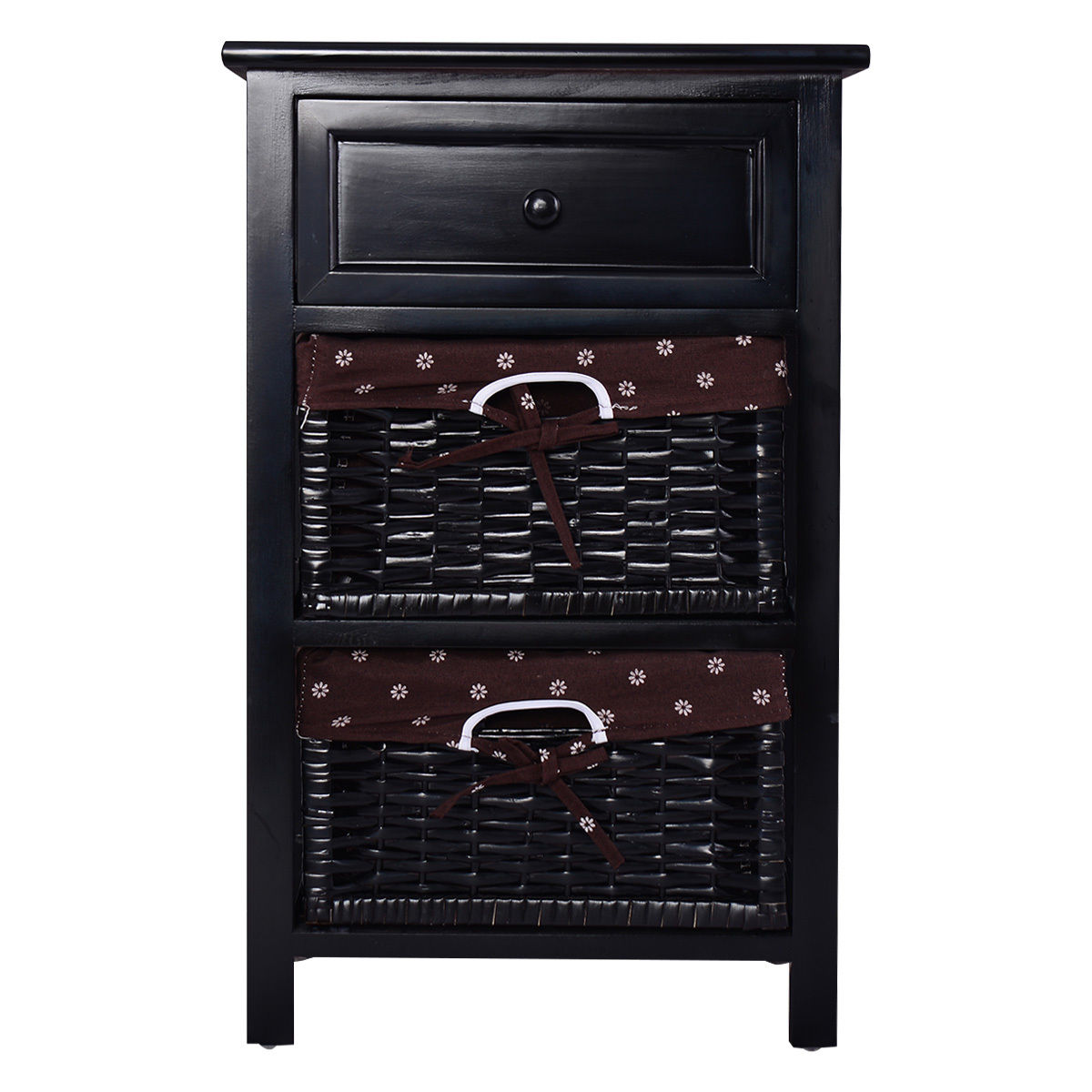 Wooden Storage Nightstand with 1 Drawer and 2 Baskets, Compact Bedside Table – Black