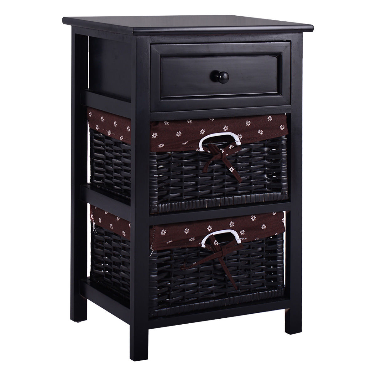 Wooden Storage Nightstand with 1 Drawer and 2 Baskets, Compact Bedside Table – Black