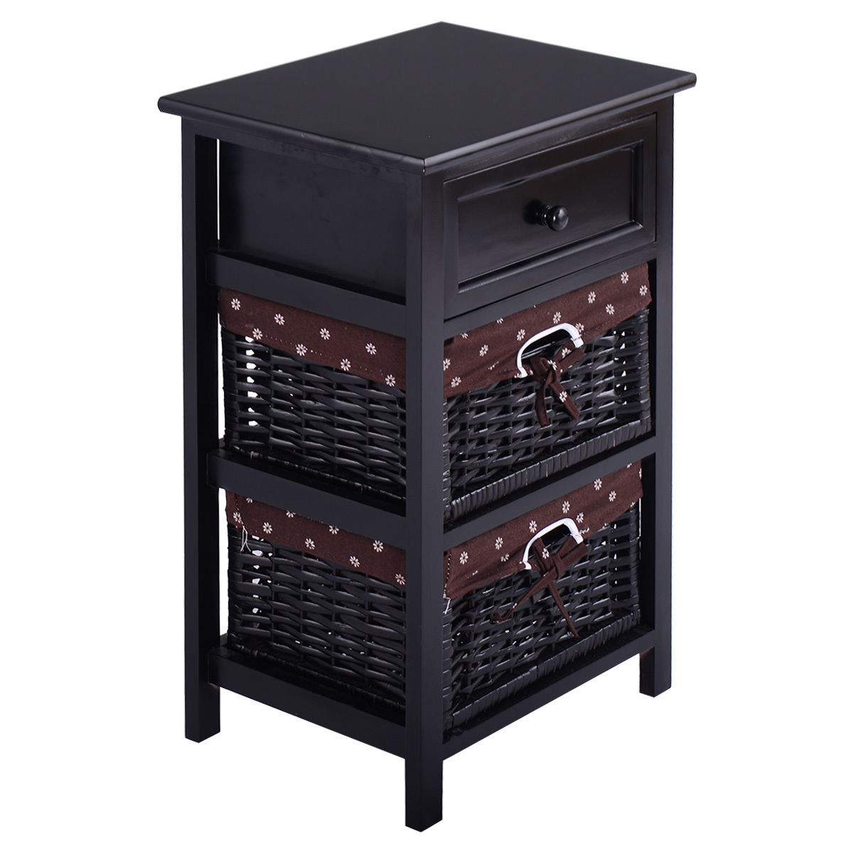 Wooden Storage Nightstand with 1 Drawer and 2 Baskets, Compact Bedside Table – Black