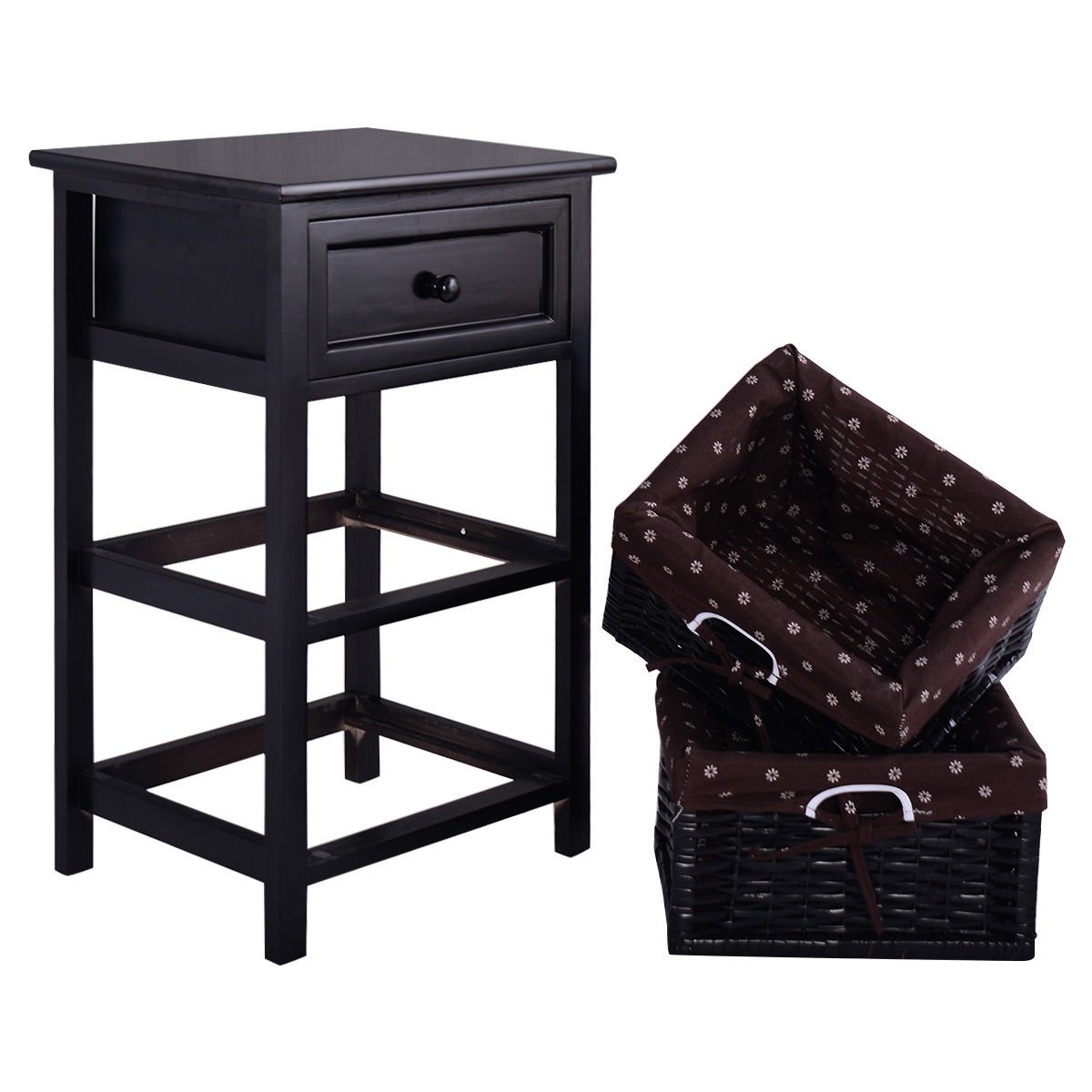Wooden Storage Nightstand with 1 Drawer and 2 Baskets, Compact Bedside Table – Black