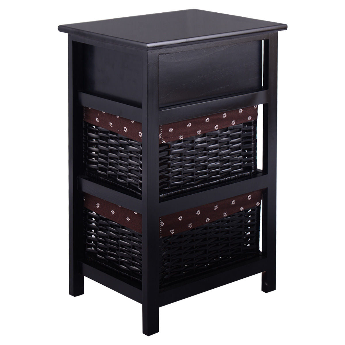 Wooden Storage Nightstand with 1 Drawer and 2 Baskets, Compact Bedside Table – Black