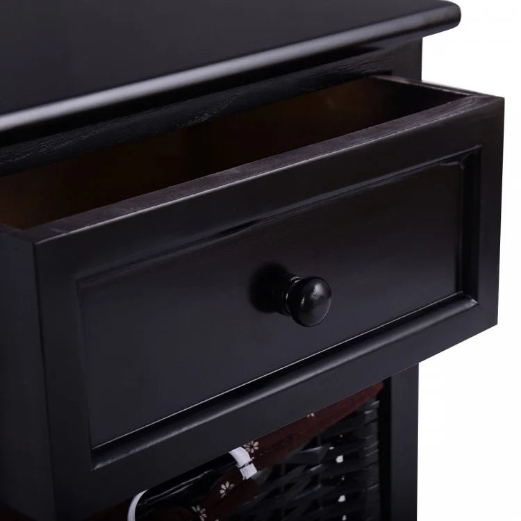 Wooden Storage Nightstand with 1 Drawer and 2 Baskets, Compact Bedside Table – Black