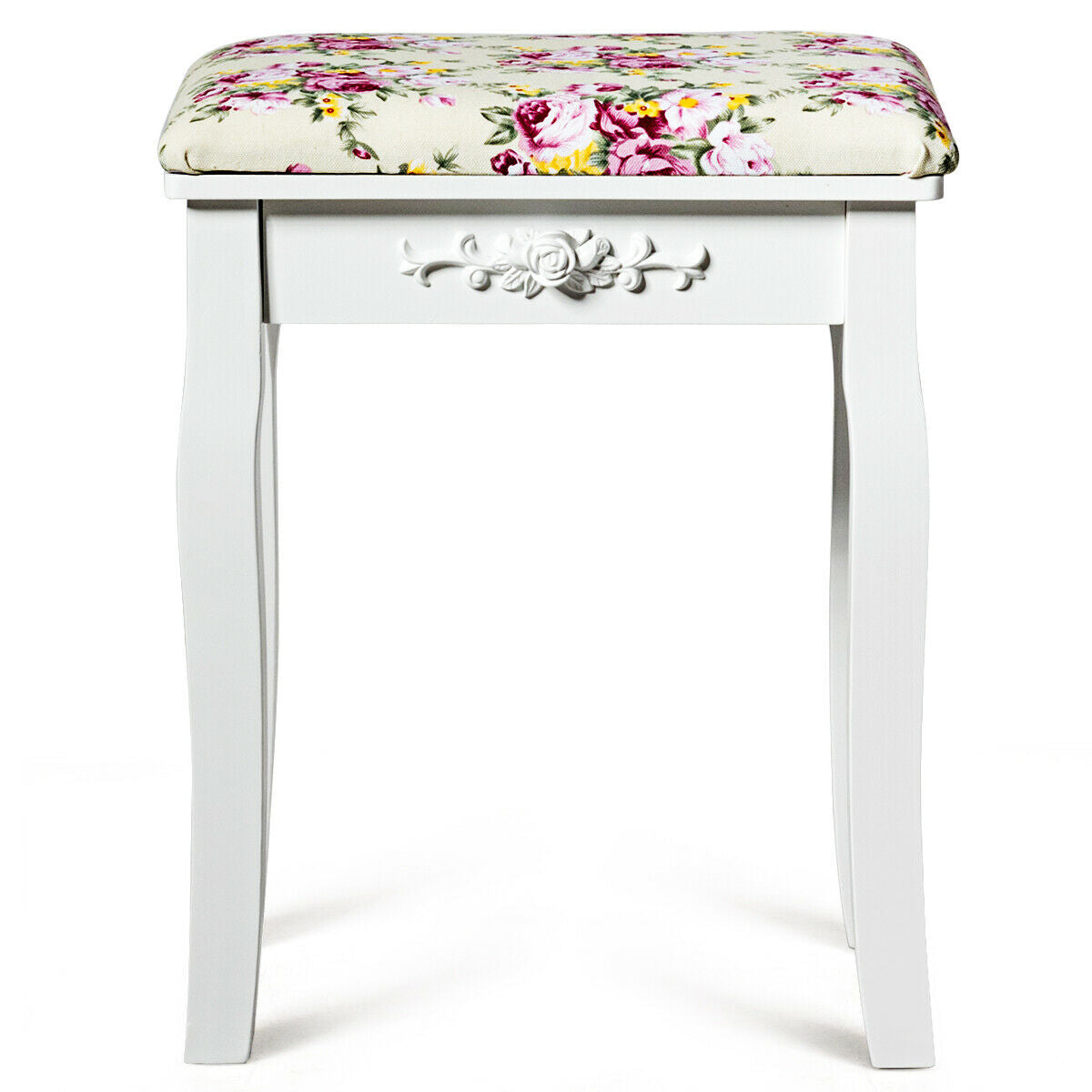 White Vanity Bench with Curved Legs and Decorative Rose Pattern Cushion