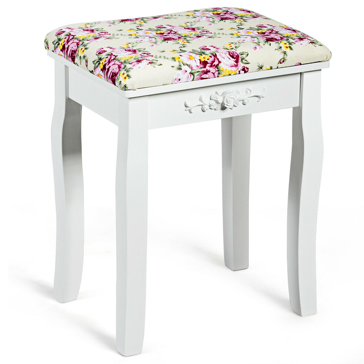 White Vanity Bench with Curved Legs and Decorative Rose Pattern Cushion