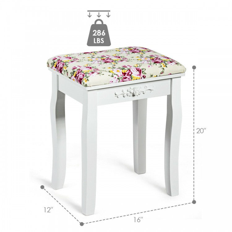 White Vanity Bench with Curved Legs and Decorative Rose Pattern Cushion