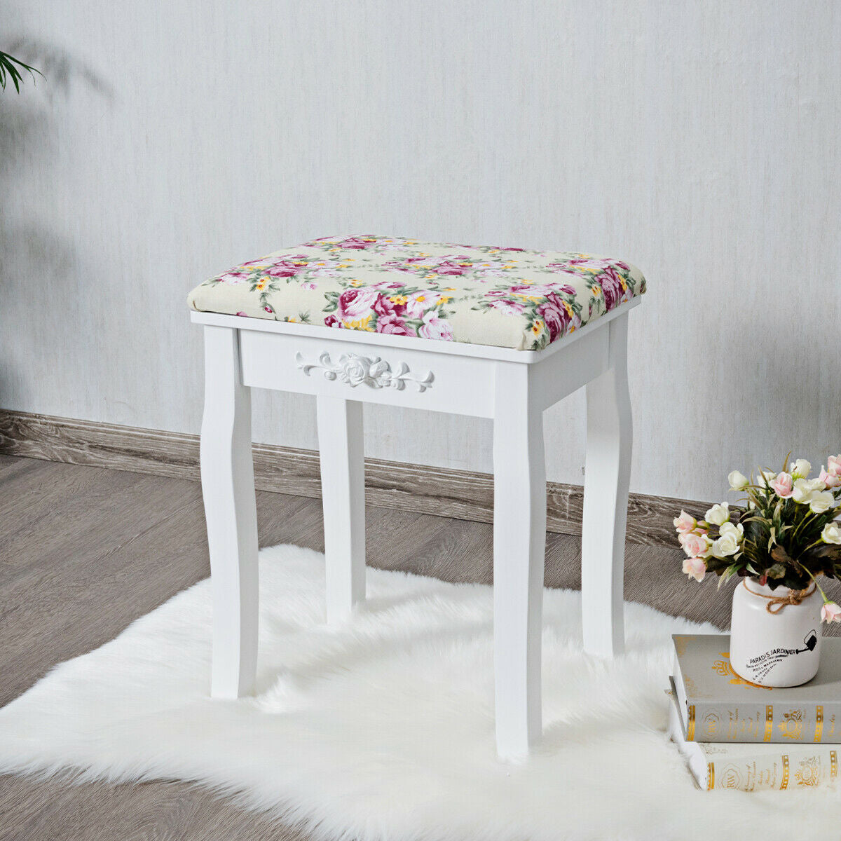 White Vanity Bench with Curved Legs and Decorative Rose Pattern Cushion