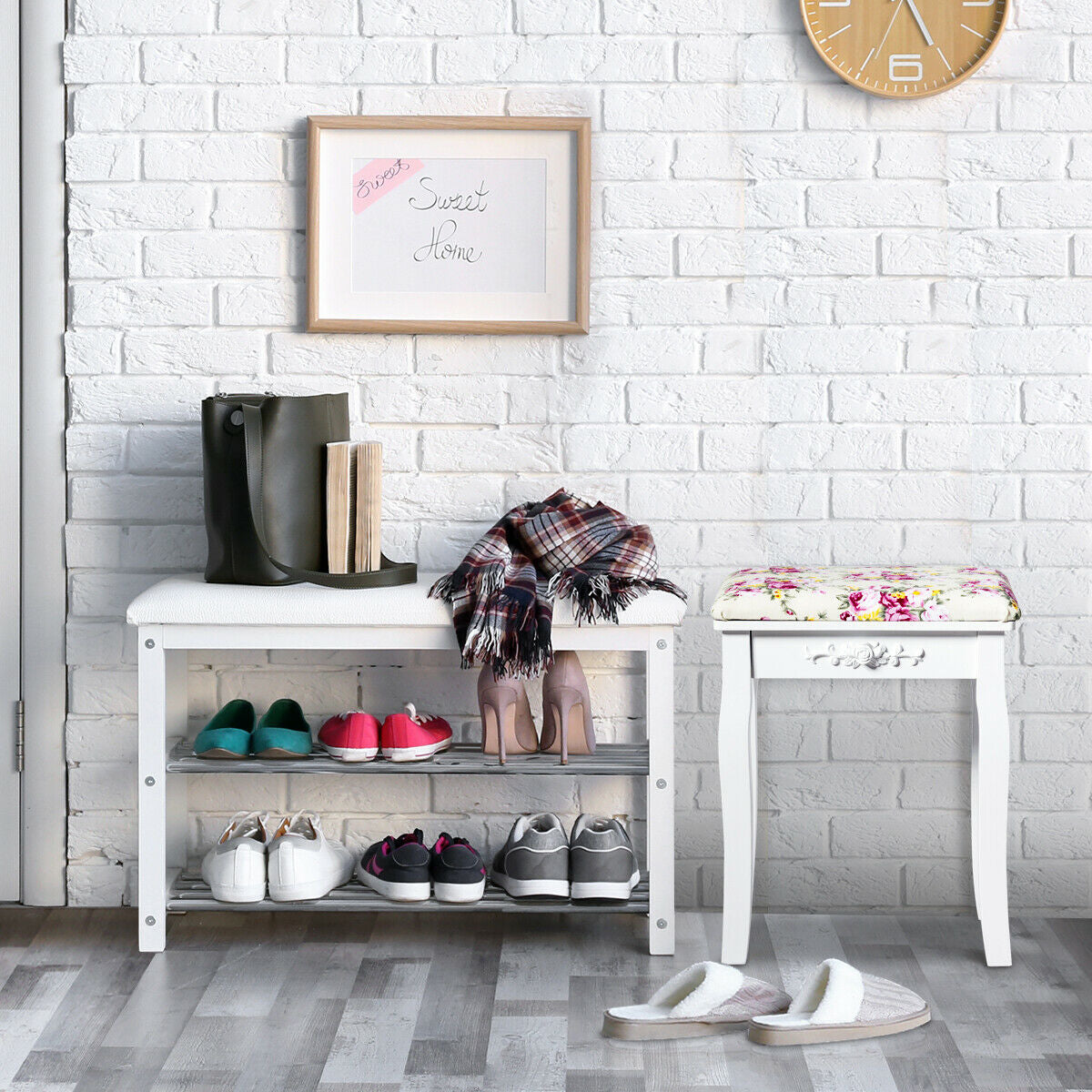 White Vanity Bench with Curved Legs and Decorative Rose Pattern Cushion