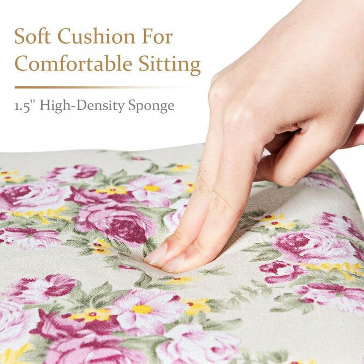 White Vanity Bench with Curved Legs and Decorative Rose Pattern Cushion
