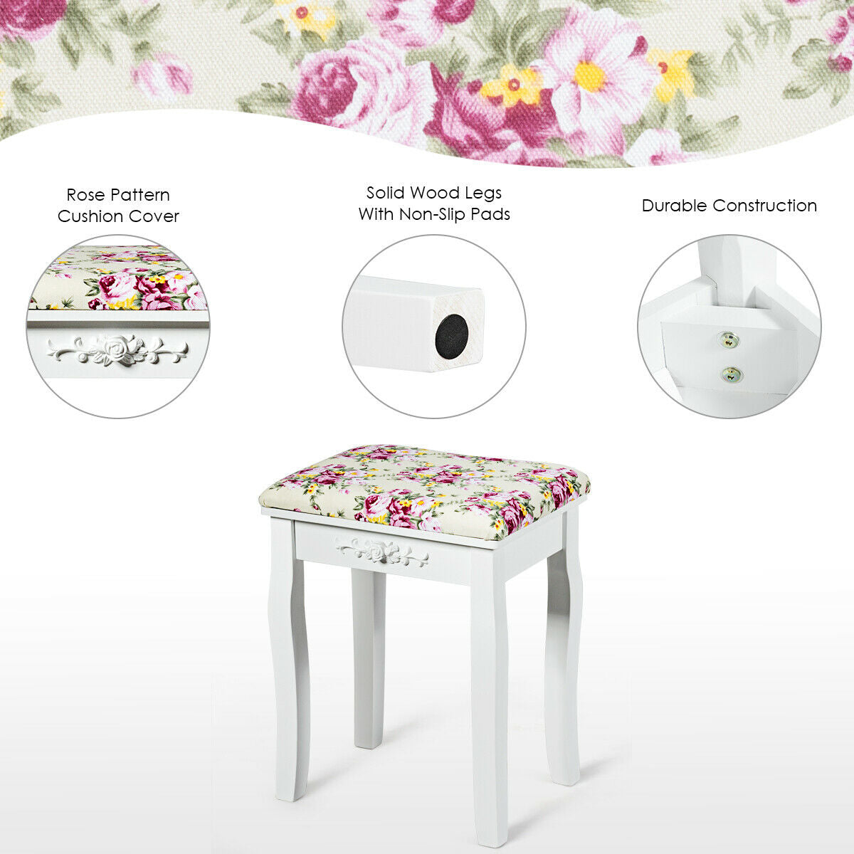 White Vanity Bench with Curved Legs and Decorative Rose Pattern Cushion