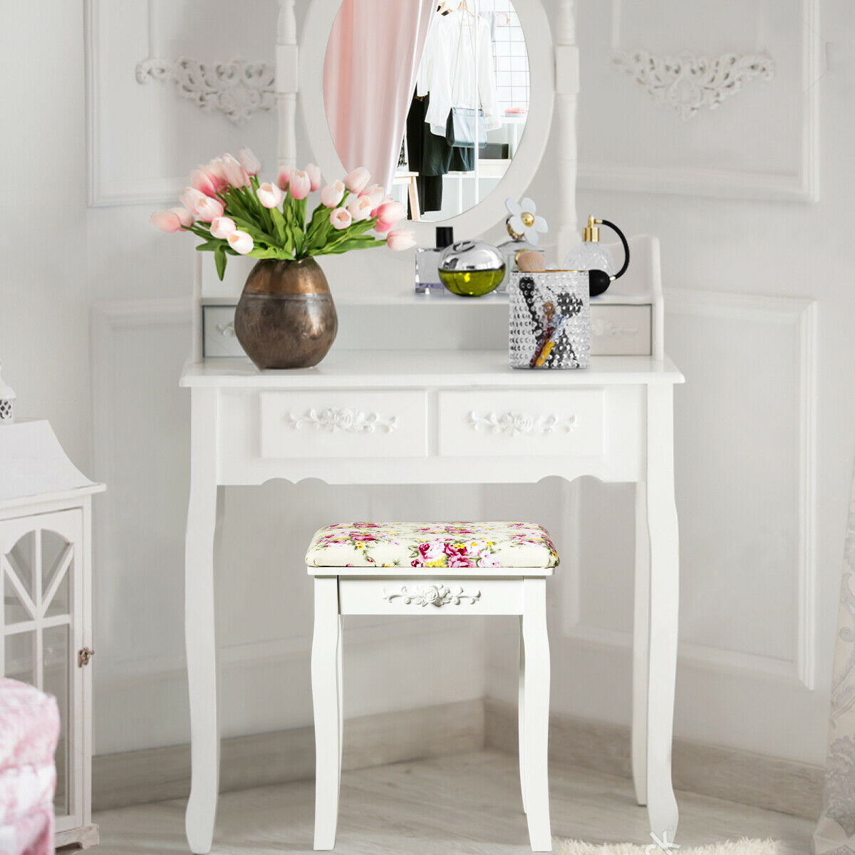 White Vanity Bench with Curved Legs and Decorative Rose Pattern Cushion