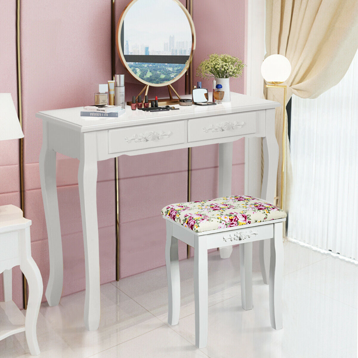 White Vanity Bench with Curved Legs and Decorative Rose Pattern Cushion