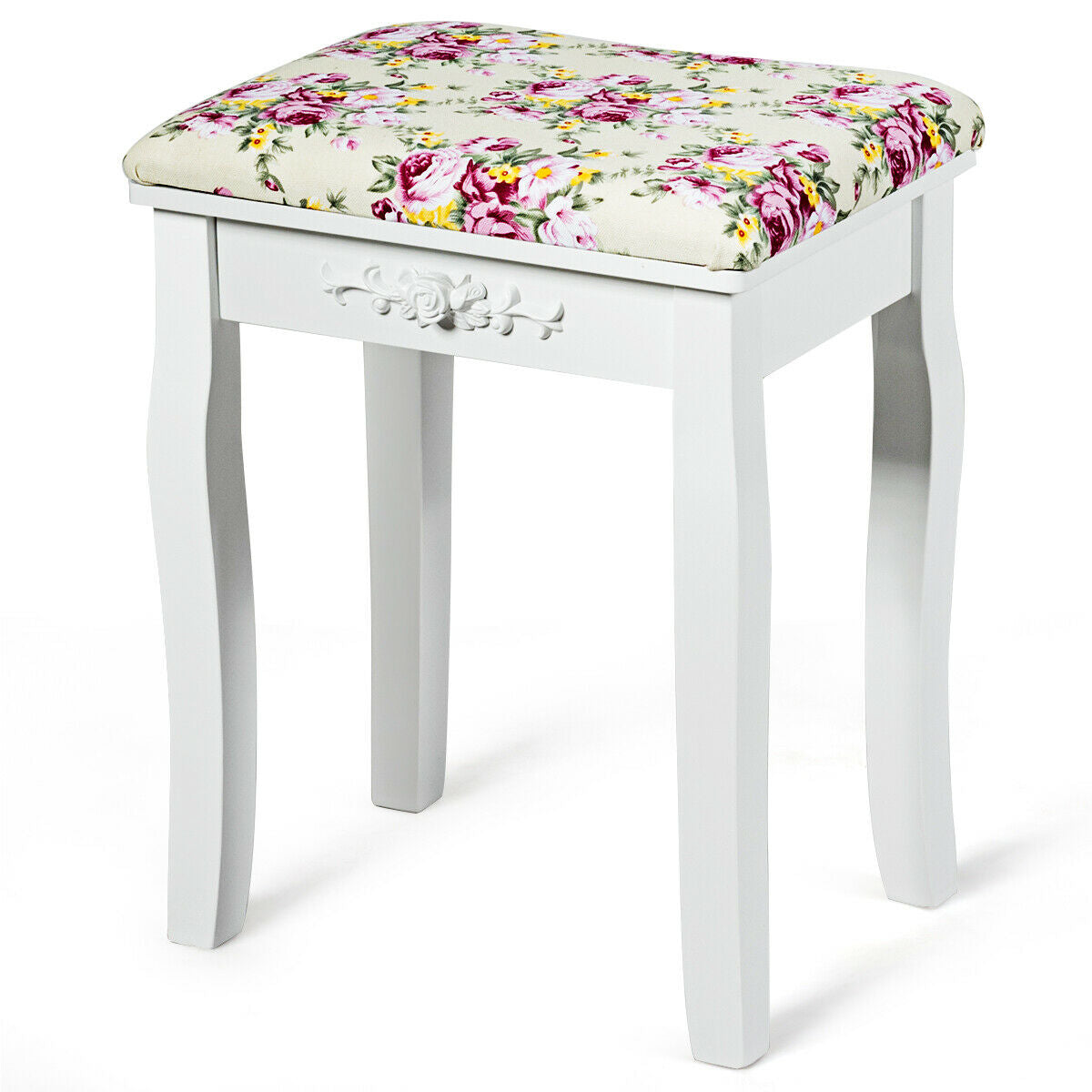 White Vanity Bench with Curved Legs and Decorative Rose Pattern Cushion