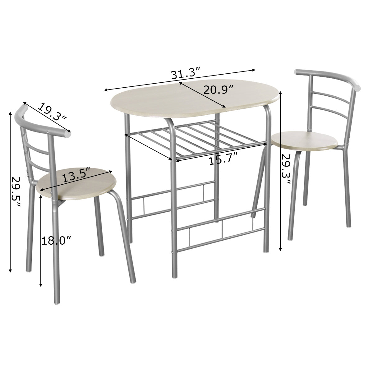 Modern 3 Piece Dining Set with Wine Rack and Two Chairs for Small Kitchen or Apartment - Light Grey