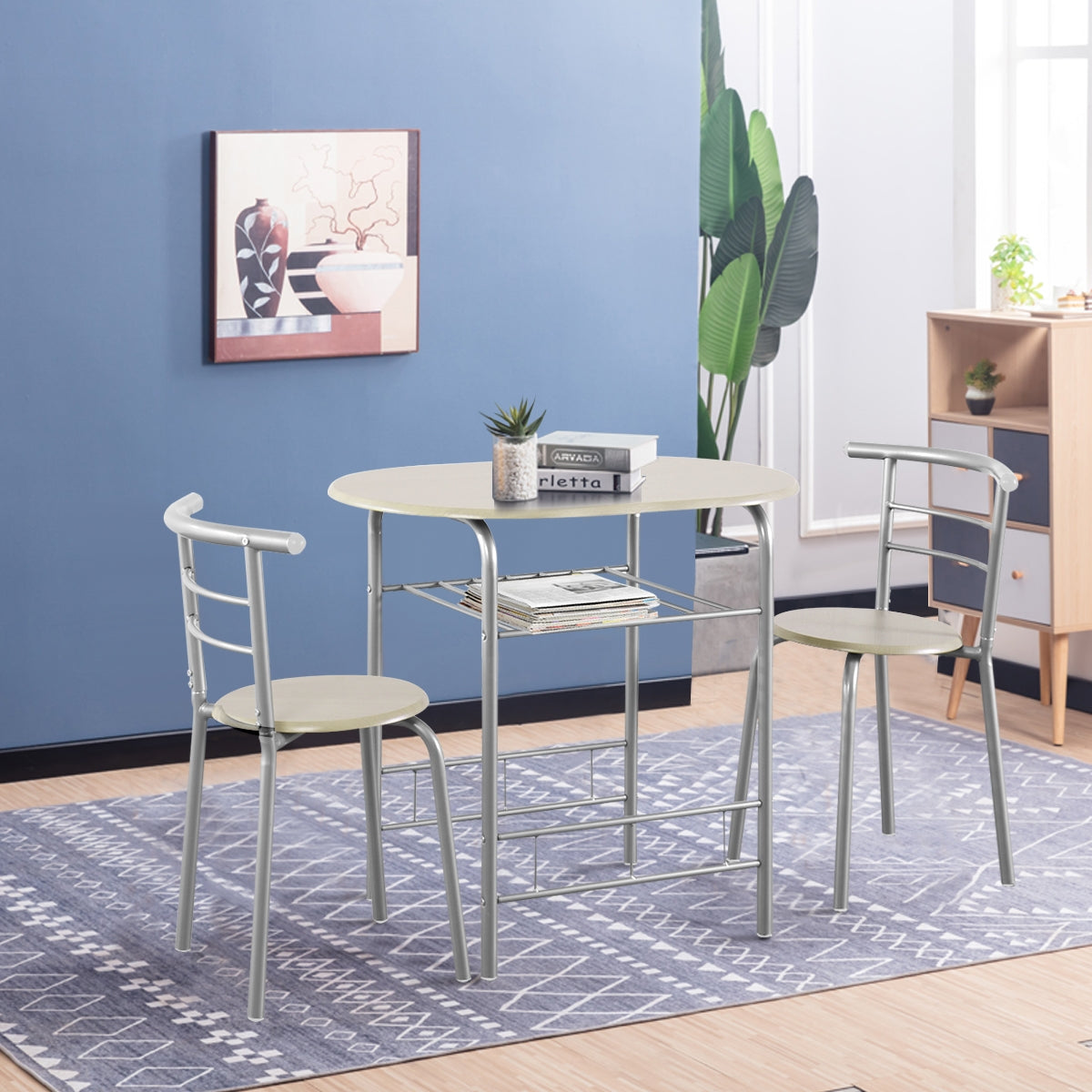 Modern 3 Piece Dining Set with Wine Rack and Two Chairs for Small Kitchen or Apartment - Light Grey
