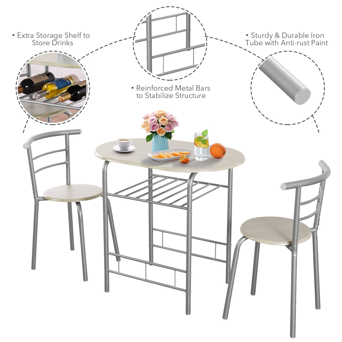 Modern 3 Piece Dining Set with Wine Rack and Two Chairs for Small Kitchen or Apartment - Light Grey