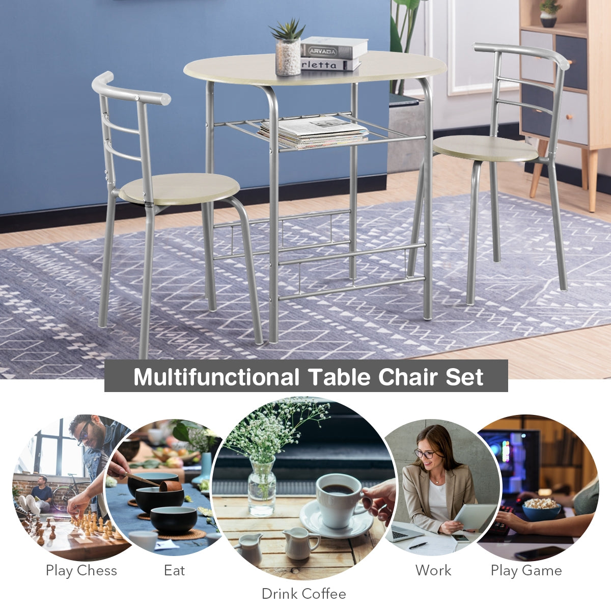 Modern 3 Piece Dining Set with Wine Rack and Two Chairs for Small Kitchen or Apartment - Light Grey