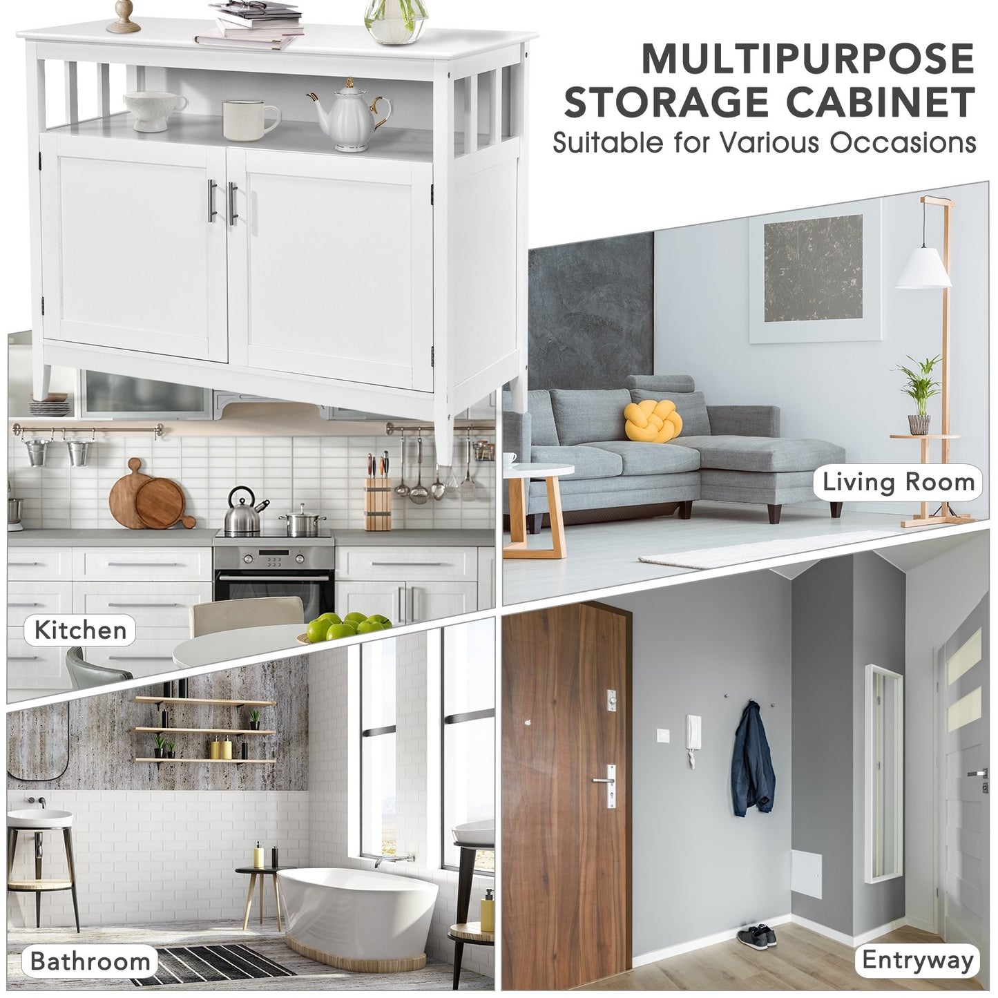 Modern Wooden Kitchen Storage Cabinet with Double Doors and Open Shelf - White