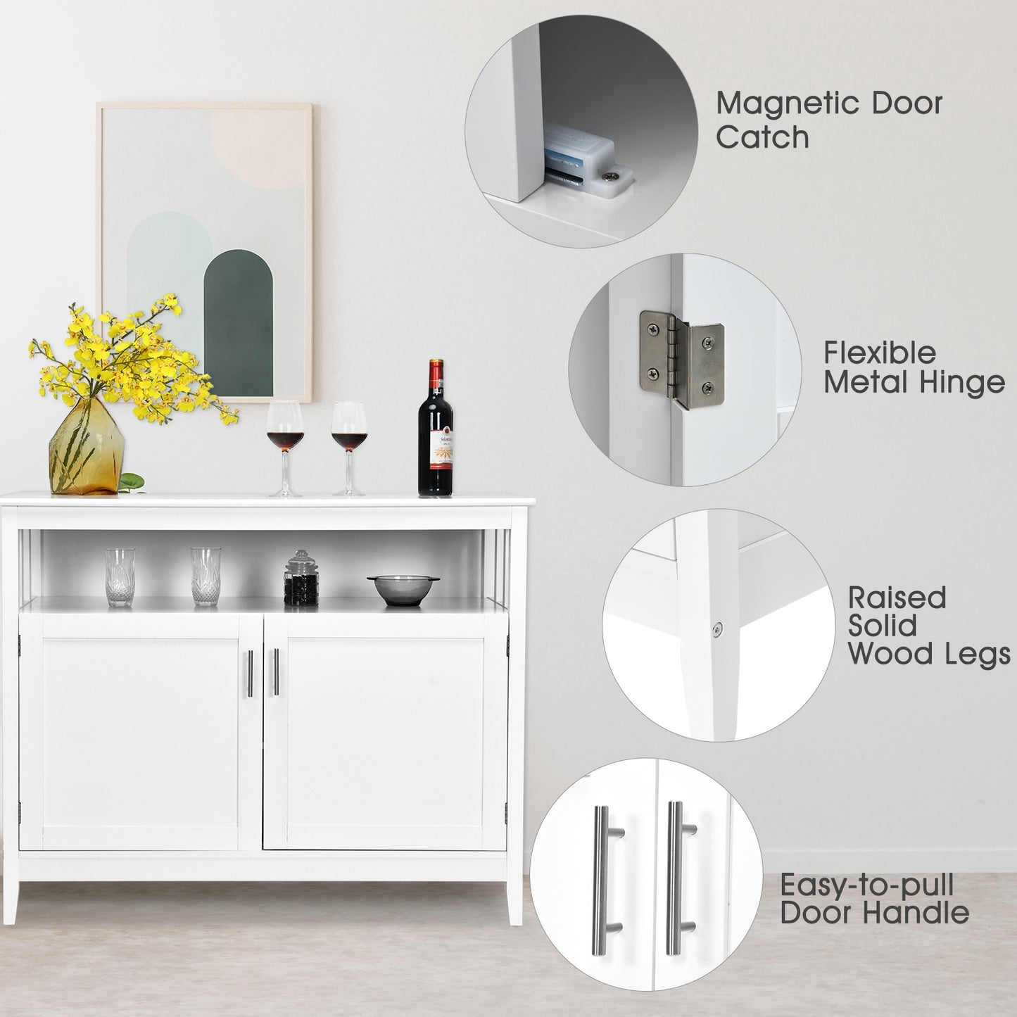 Modern Wooden Kitchen Storage Cabinet with Double Doors and Open Shelf - White