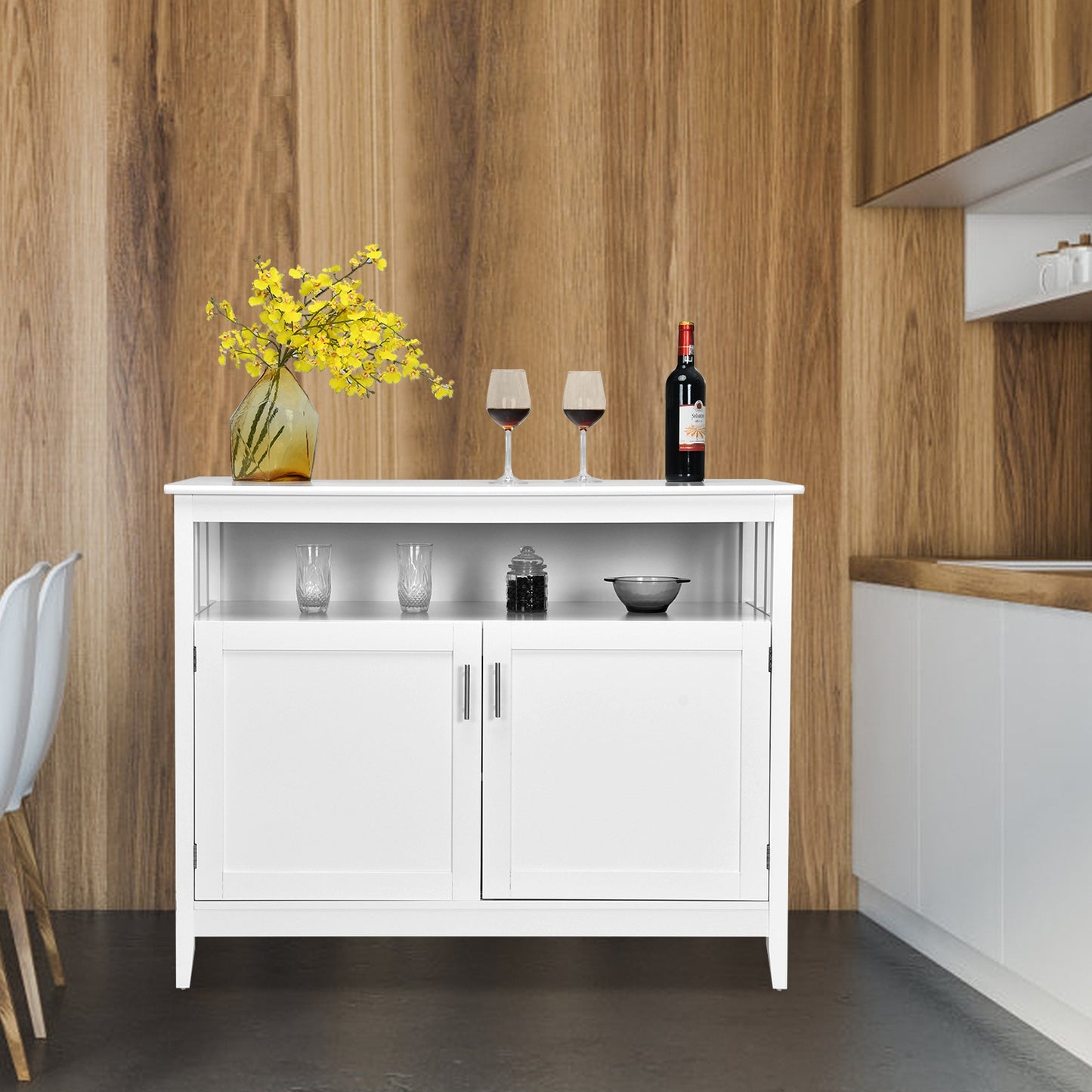 Modern Wooden Kitchen Storage Cabinet with Double Doors and Open Shelf - White