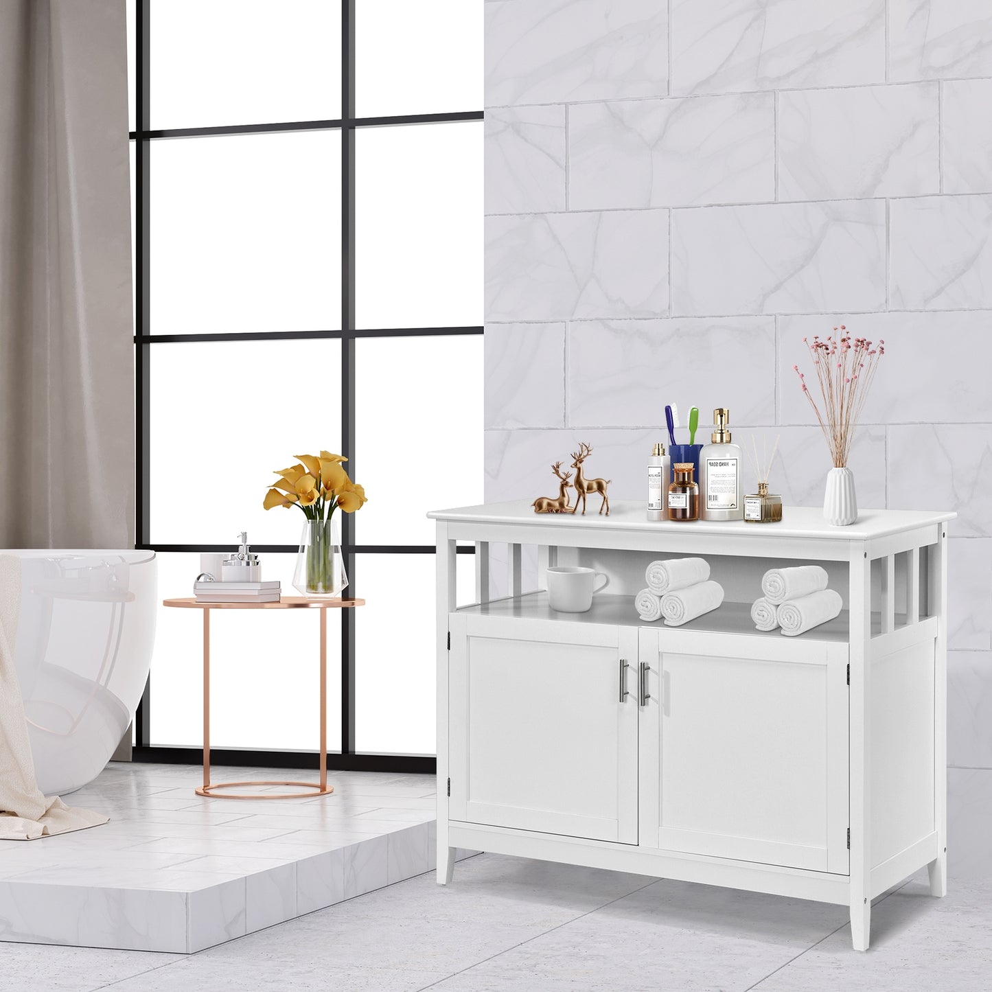 Modern Wooden Kitchen Storage Cabinet with Double Doors and Open Shelf - White