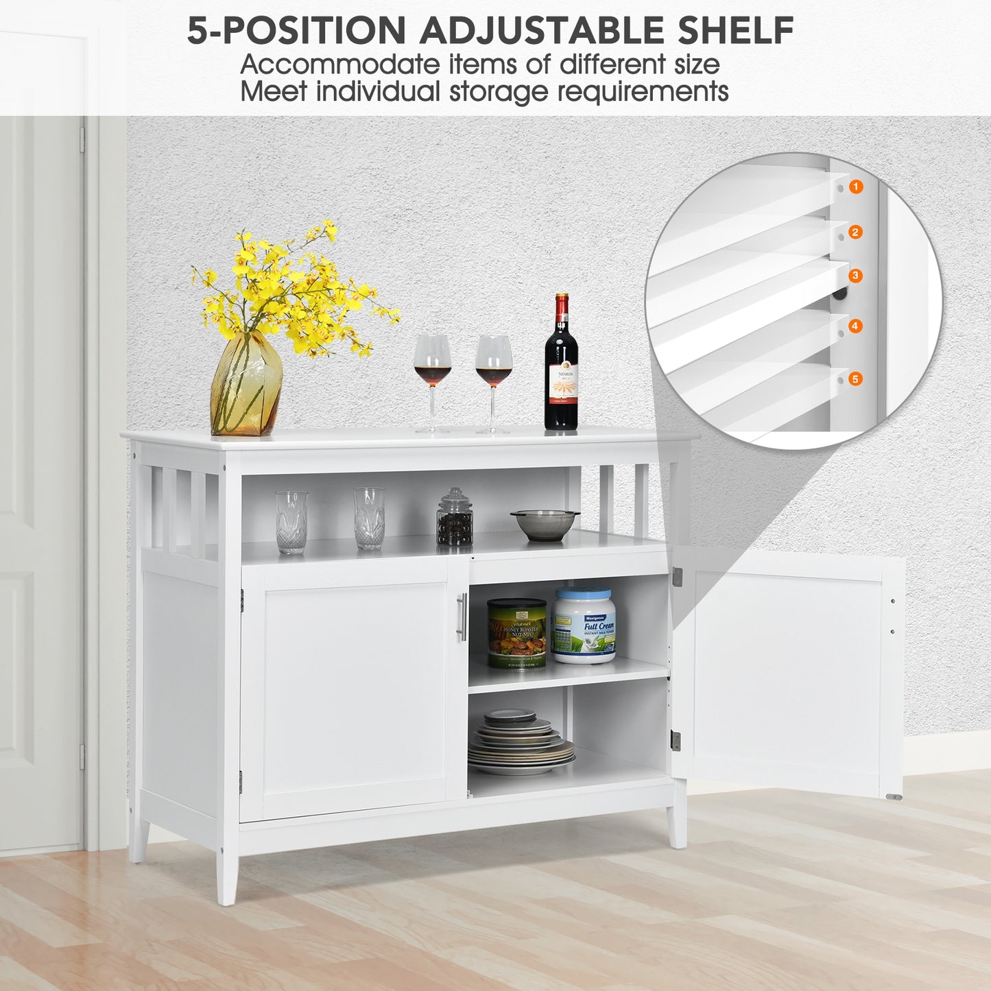Modern Wooden Kitchen Storage Cabinet with Double Doors and Open Shelf - White