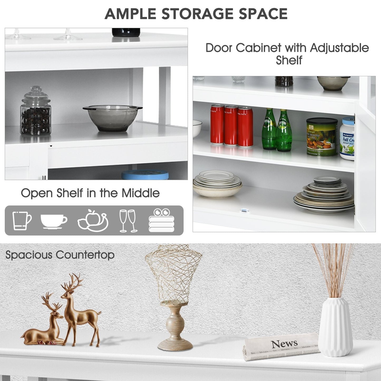 Modern Wooden Kitchen Storage Cabinet with Double Doors and Open Shelf - White