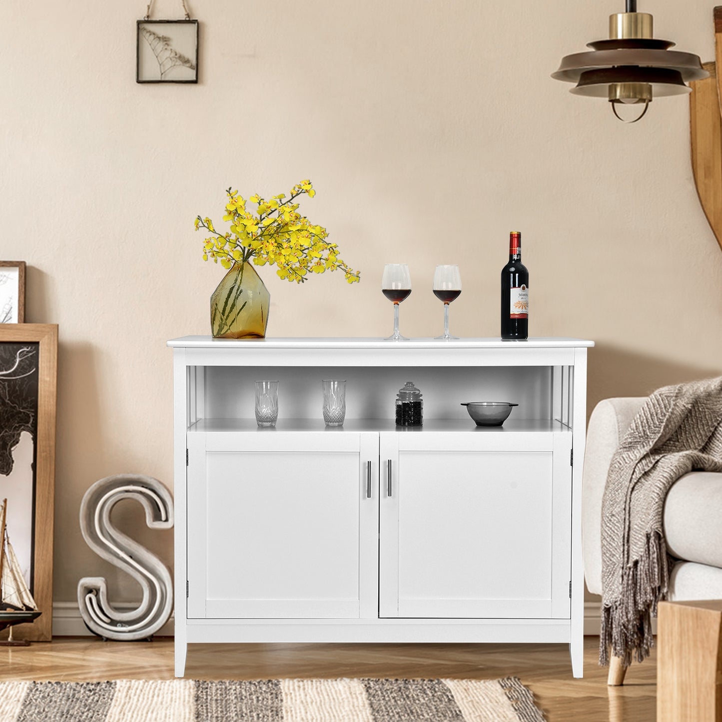Modern Wooden Kitchen Storage Cabinet with Double Doors and Open Shelf - White
