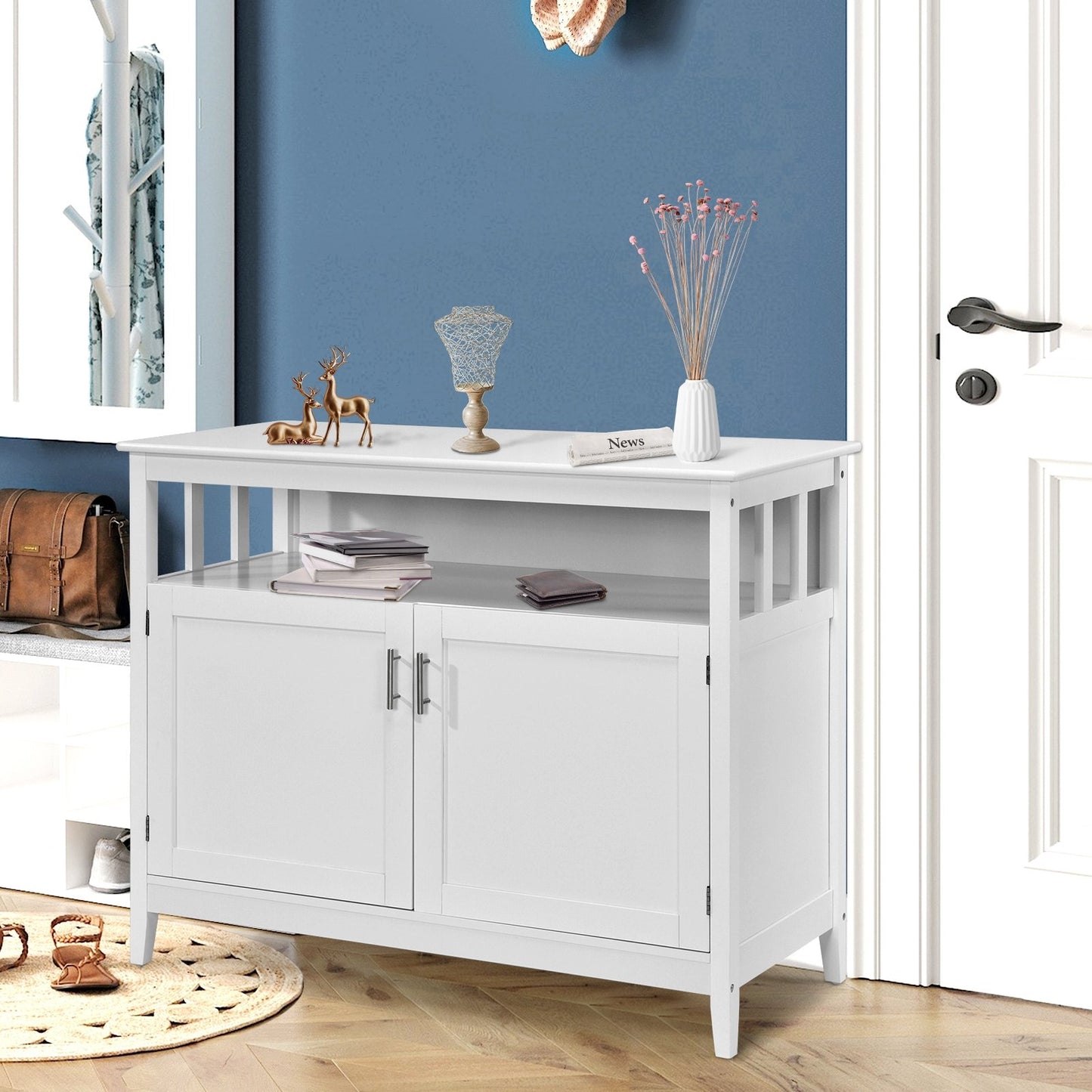 Modern Wooden Kitchen Storage Cabinet with Double Doors and Open Shelf - White