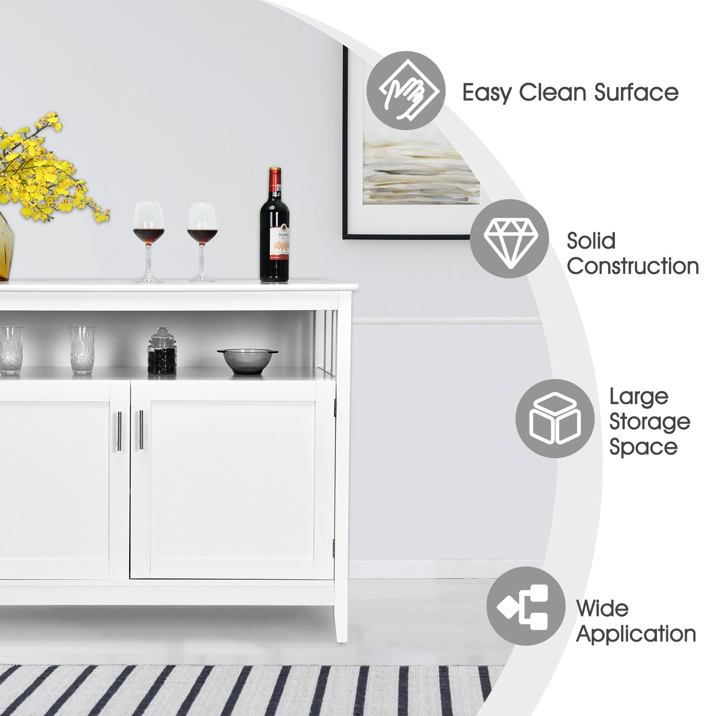 Modern Wooden Kitchen Storage Cabinet with Double Doors and Open Shelf - White
