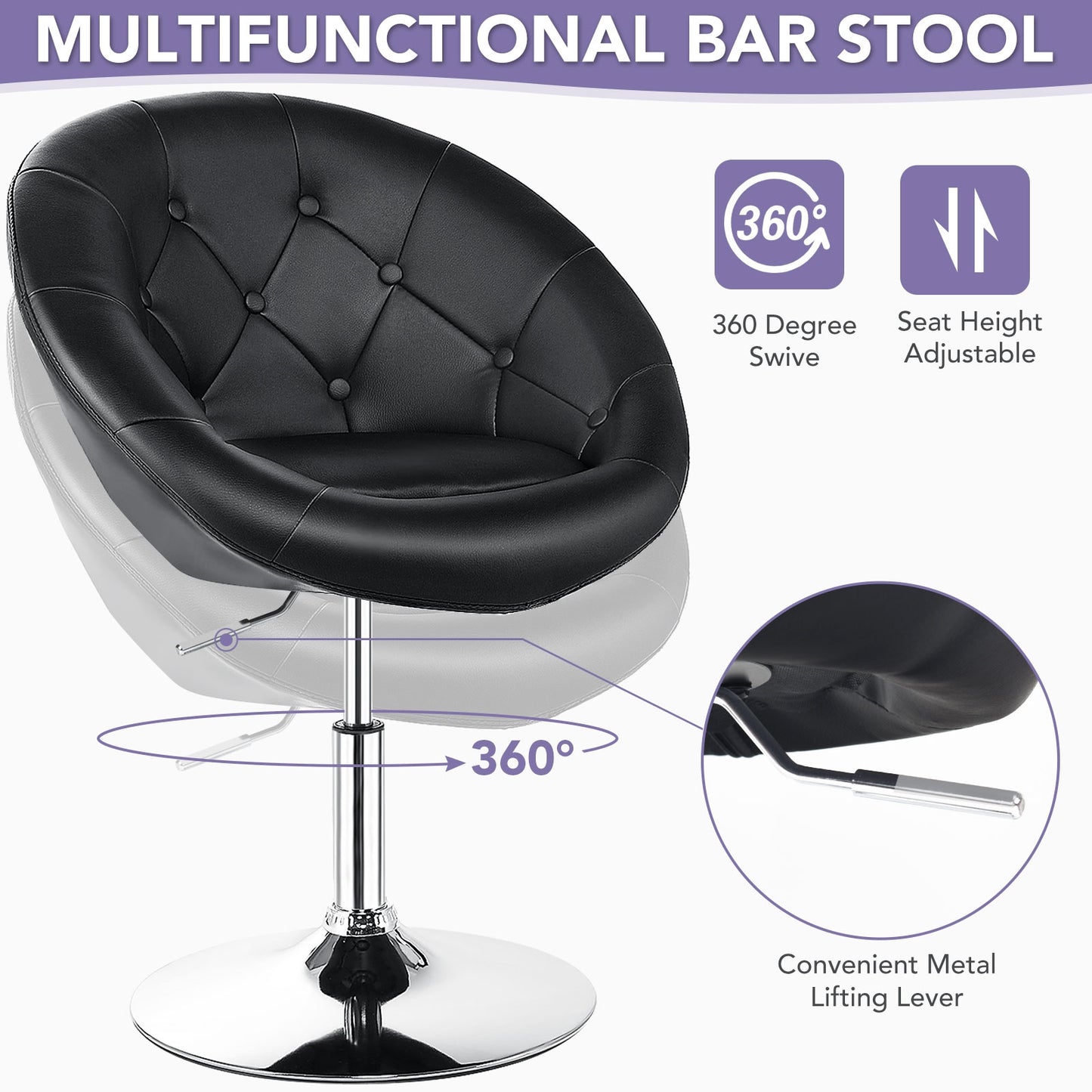 Adjustable Swivel Bar Stool with Round Tufted Back and Chrome Base – Black