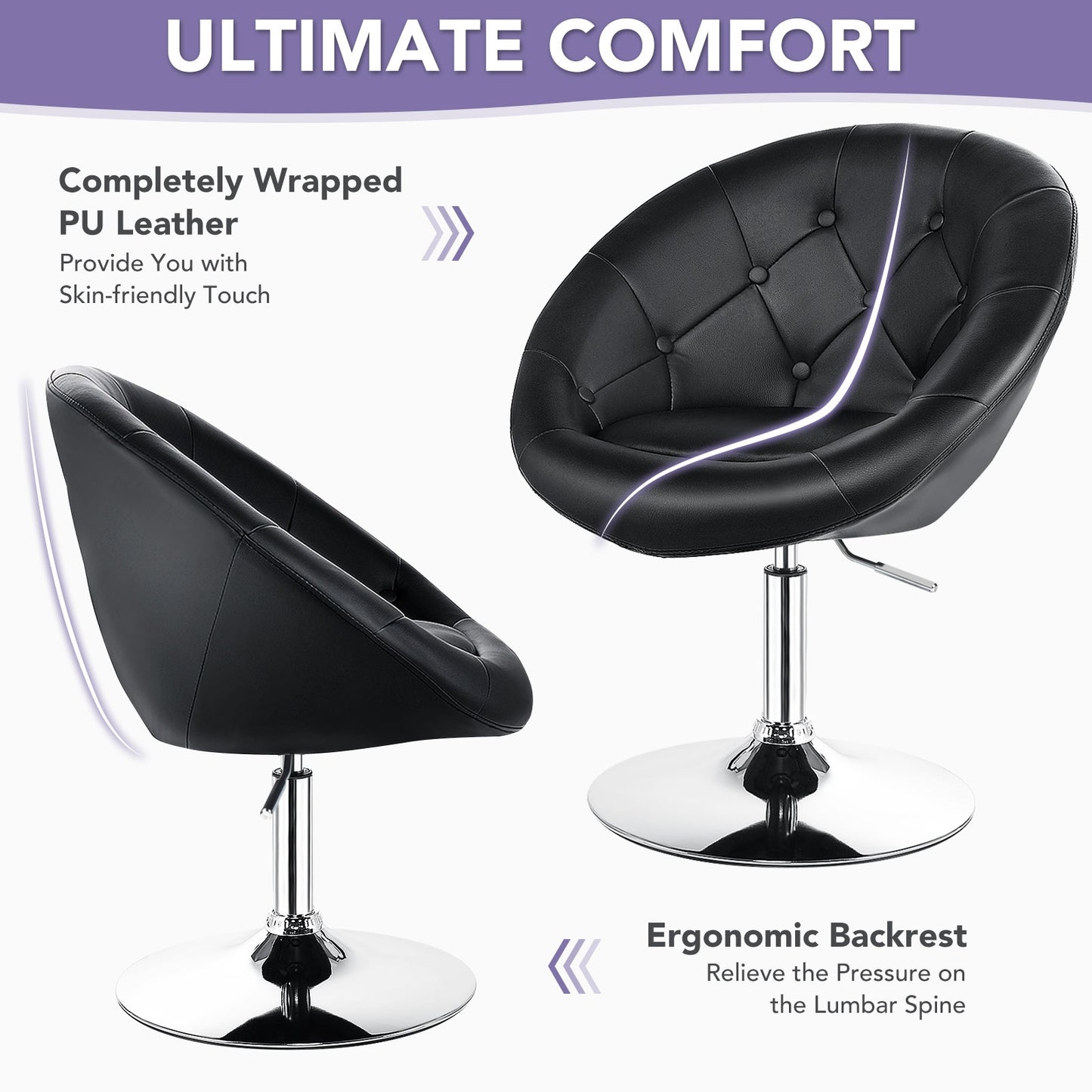 Adjustable Swivel Bar Stool with Round Tufted Back and Chrome Base – Black