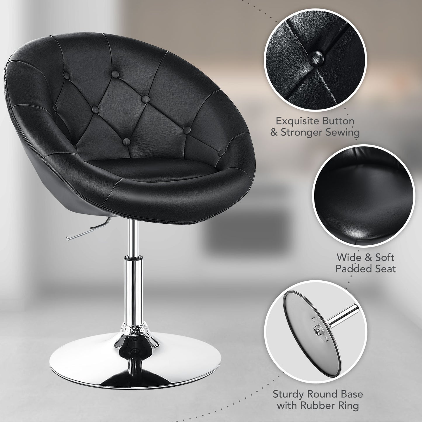 Adjustable Swivel Bar Stool with Round Tufted Back and Chrome Base – Black