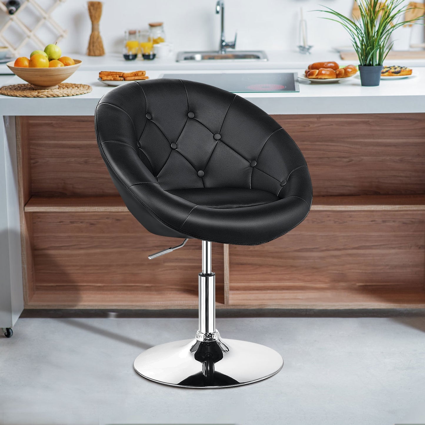 Adjustable Swivel Bar Stool with Round Tufted Back and Chrome Base – Black