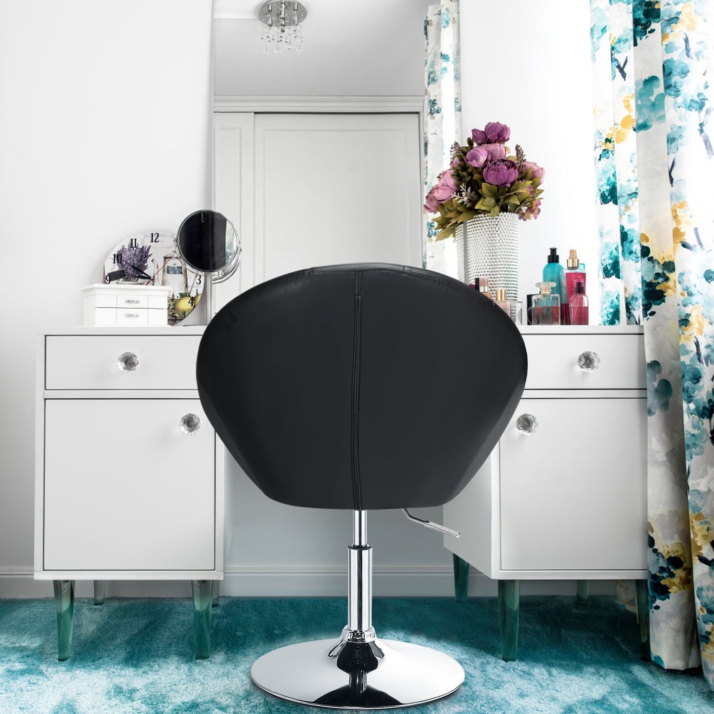 Adjustable Swivel Bar Stool with Round Tufted Back and Chrome Base – Black
