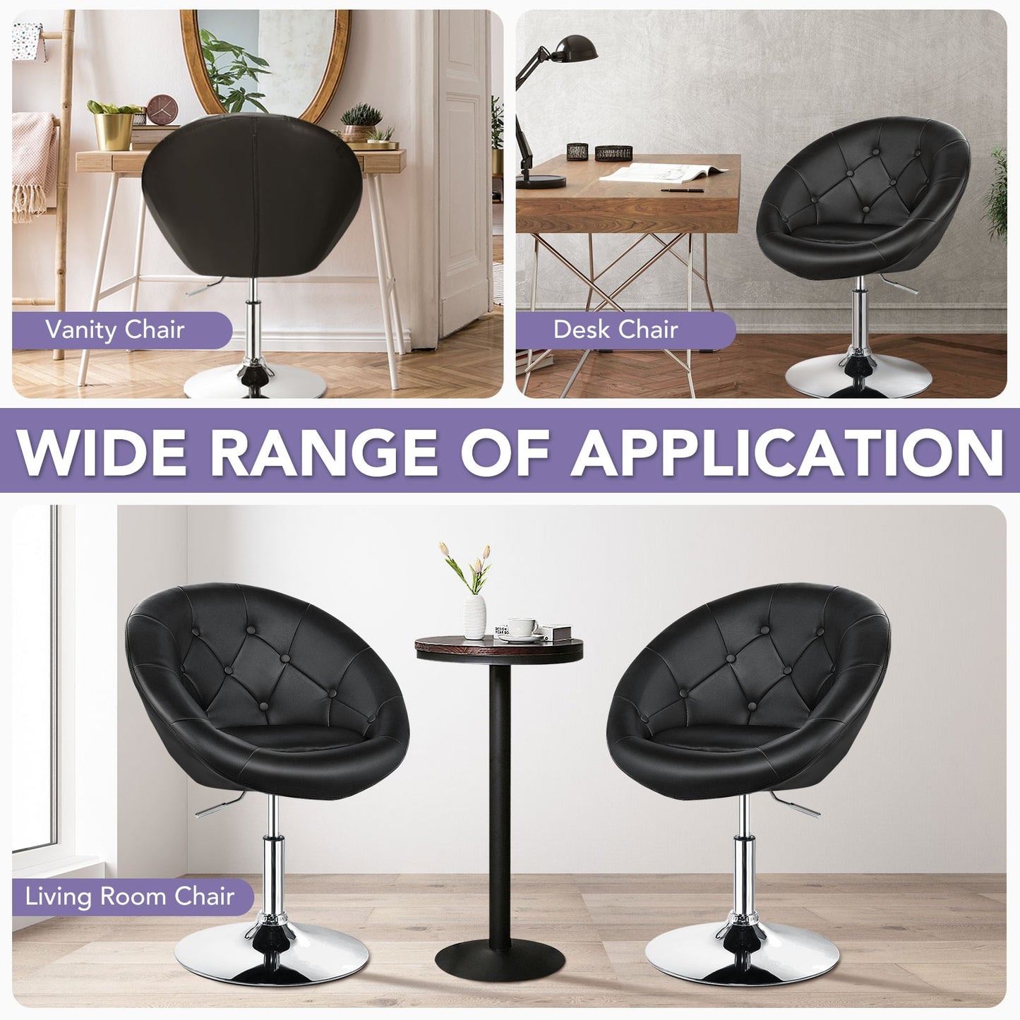 Adjustable Swivel Bar Stool with Round Tufted Back and Chrome Base – Black