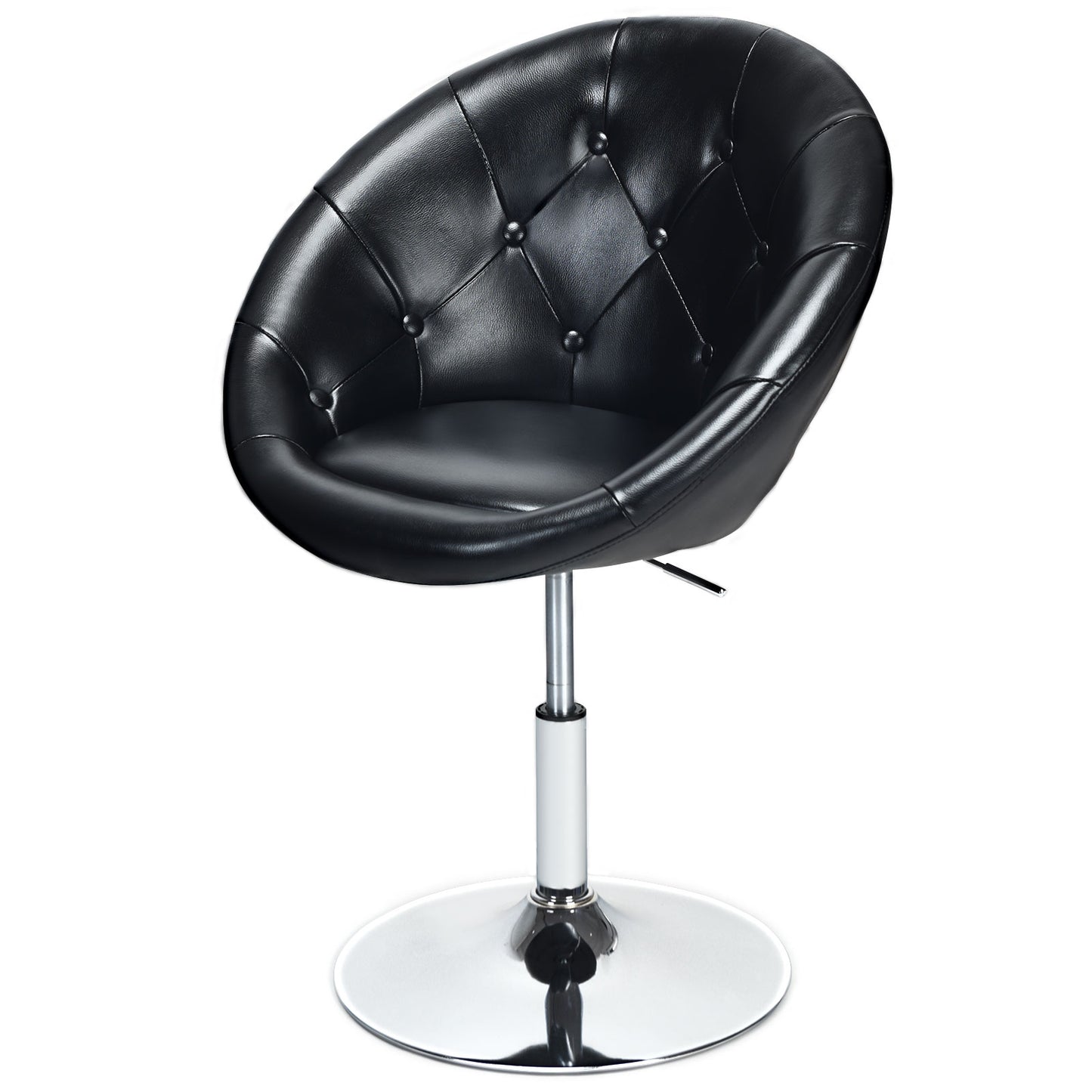 Adjustable Swivel Bar Stool with Round Tufted Back and Chrome Base – Black