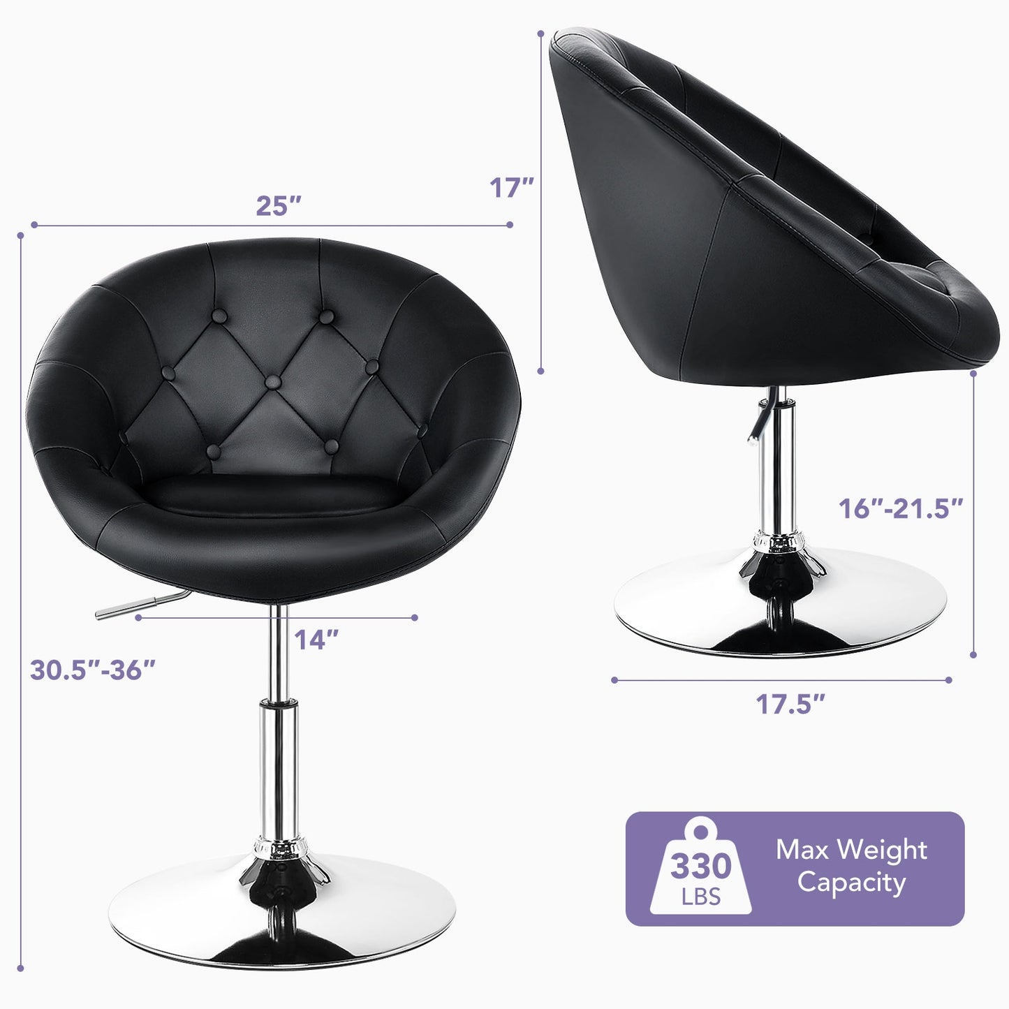 Adjustable Swivel Bar Stool with Round Tufted Back and Chrome Base – Black