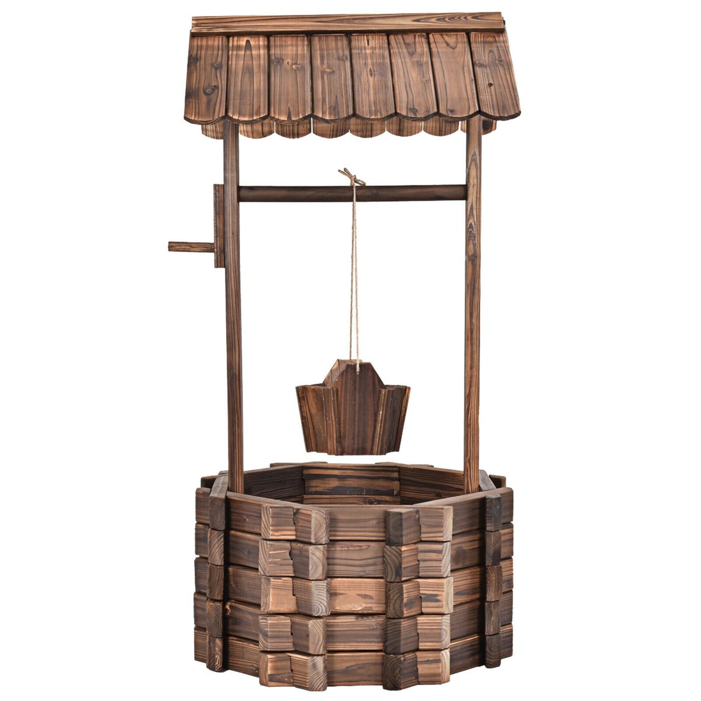 Rustic Outdoor Wooden Wishing Well Planter with Adjustable Hanging Bucket