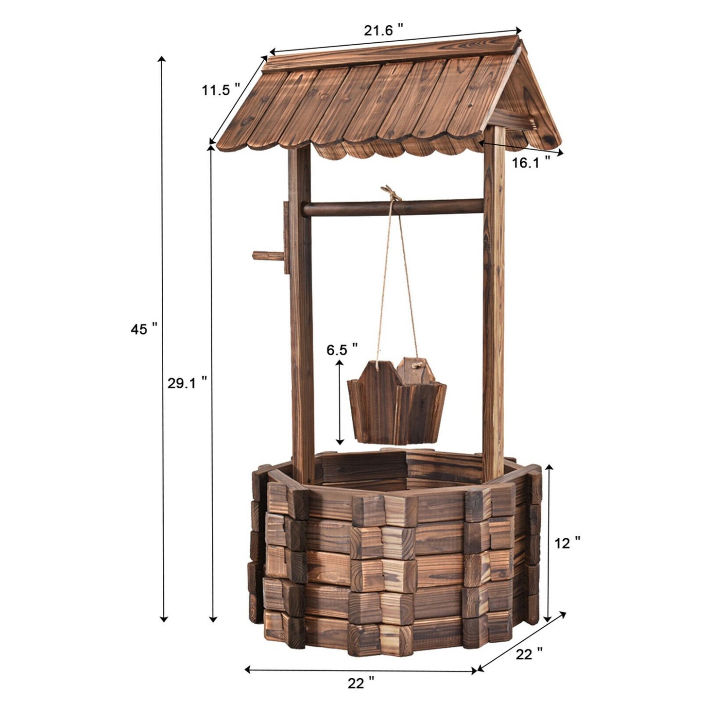 Rustic Outdoor Wooden Wishing Well Planter with Adjustable Hanging Bucket
