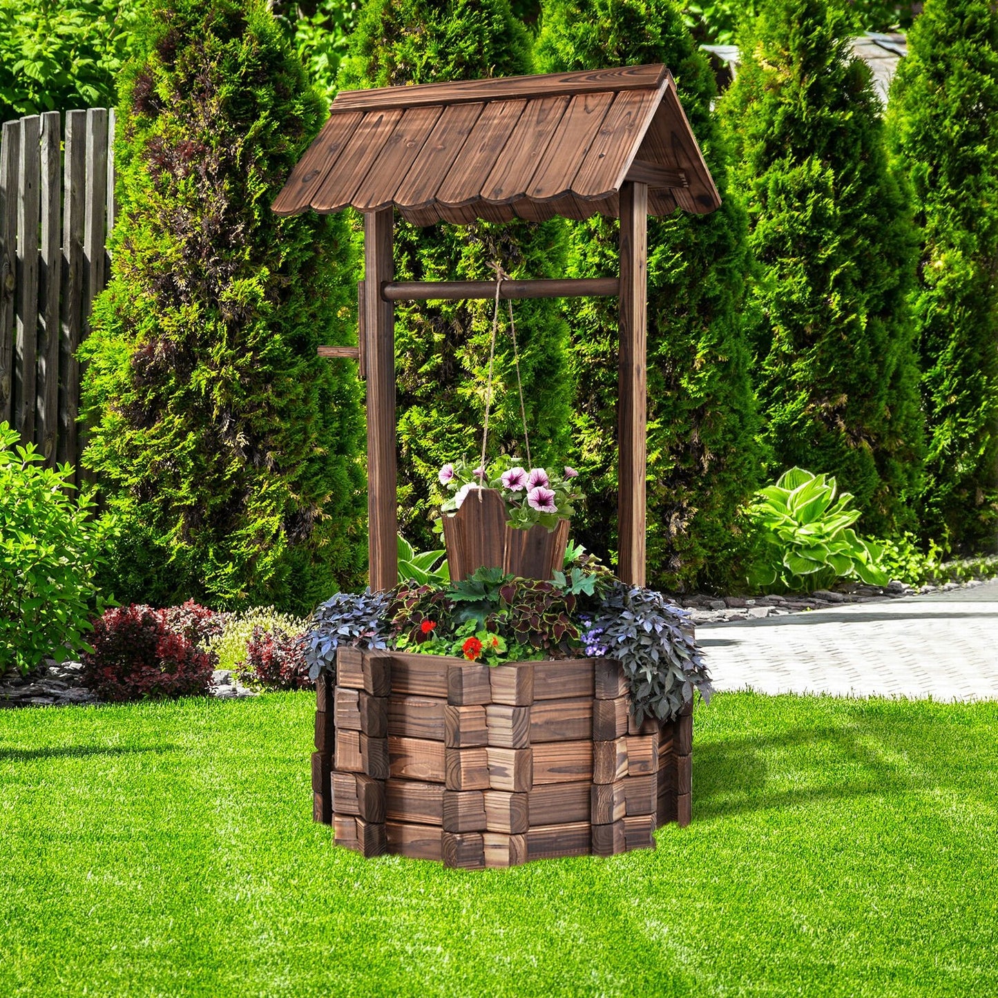 Rustic Outdoor Wooden Wishing Well Planter with Adjustable Hanging Bucket