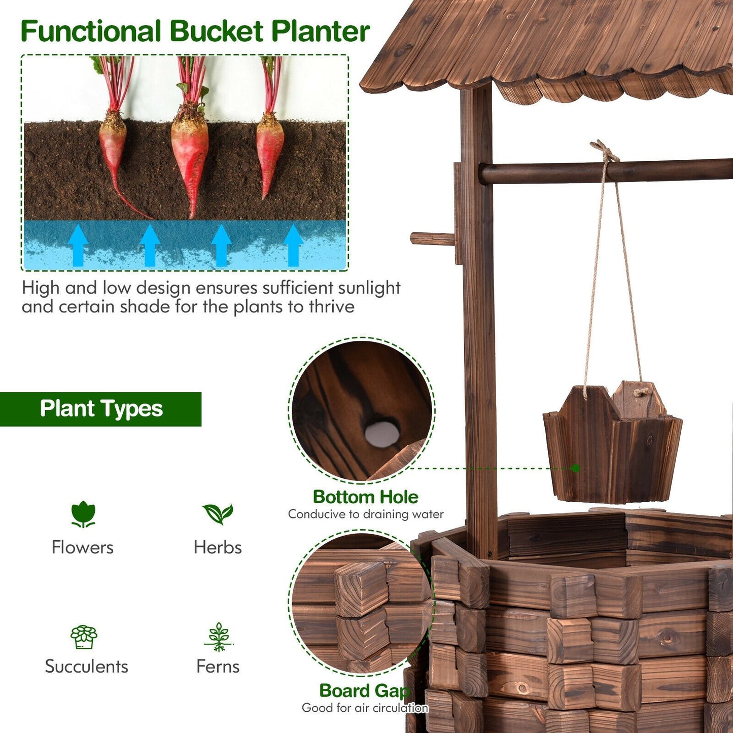 Rustic Outdoor Wooden Wishing Well Planter with Adjustable Hanging Bucket