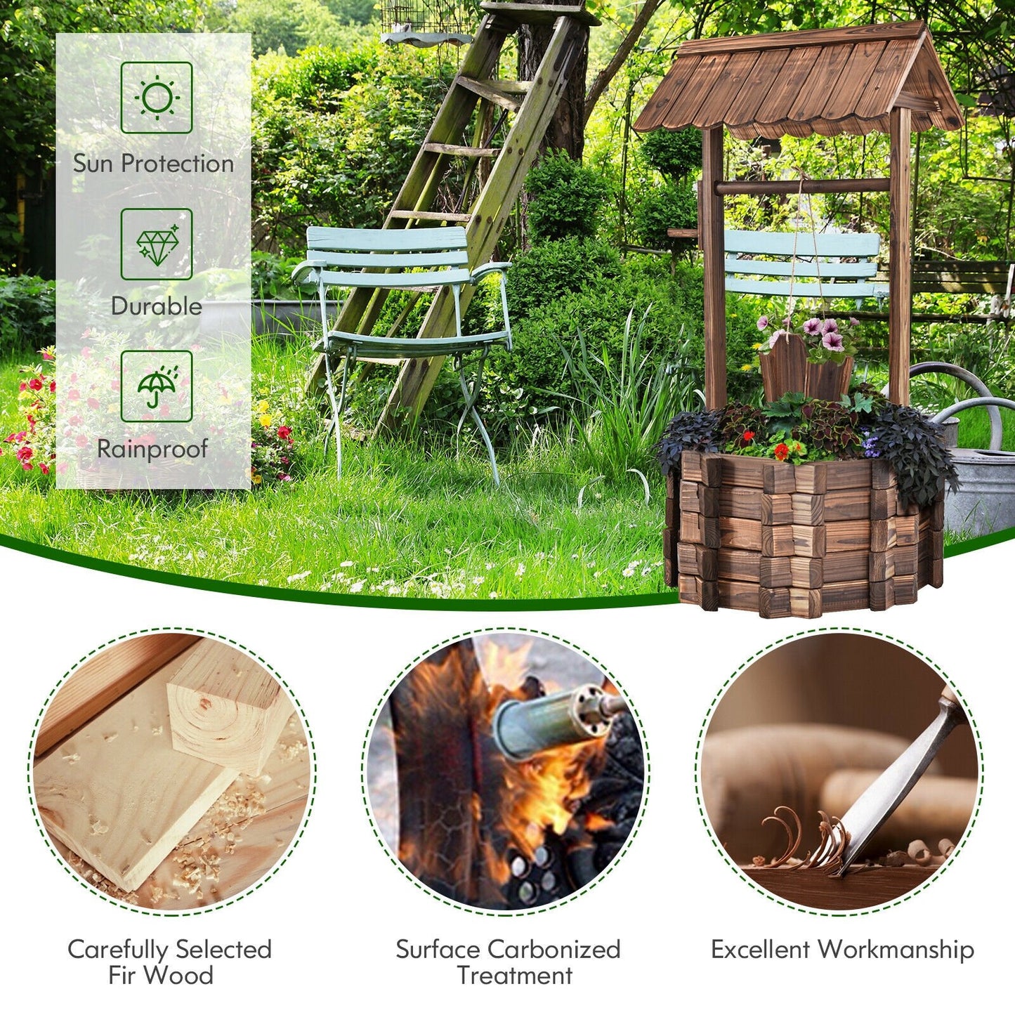 Rustic Outdoor Wooden Wishing Well Planter with Adjustable Hanging Bucket