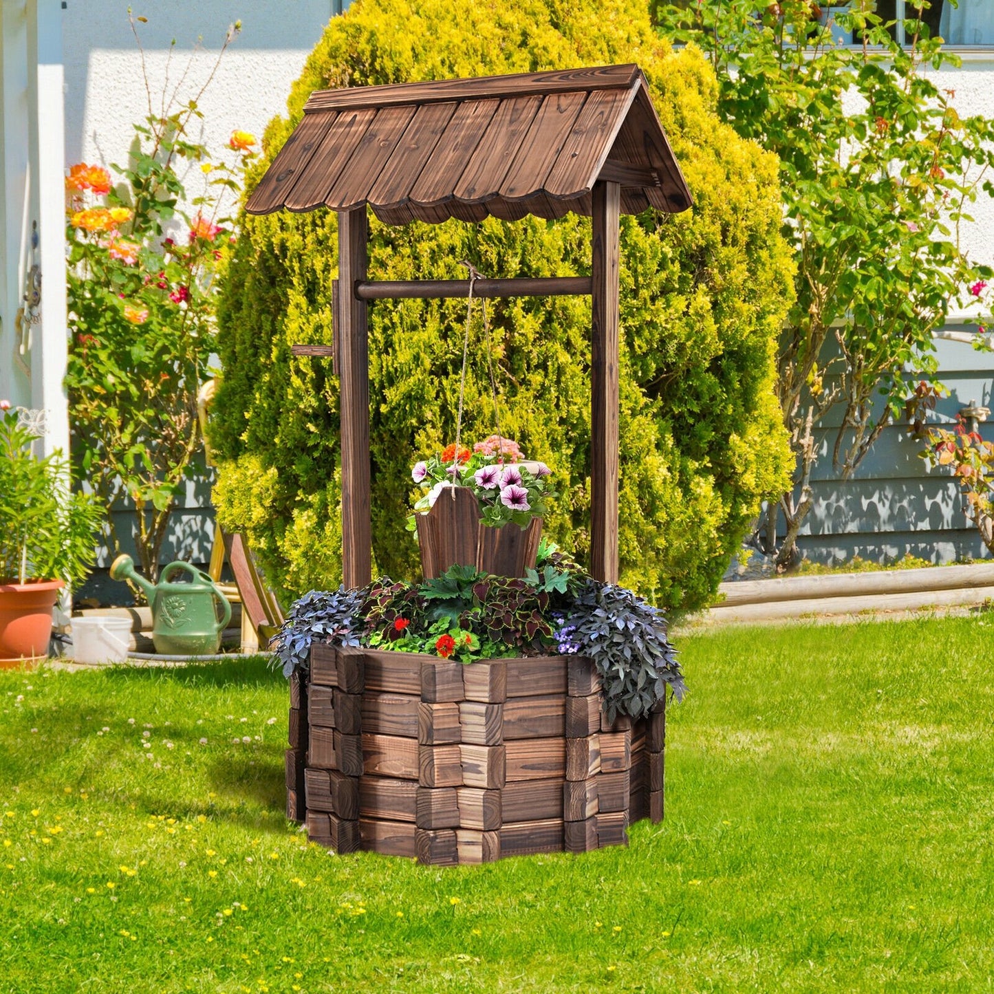 Rustic Outdoor Wooden Wishing Well Planter with Adjustable Hanging Bucket