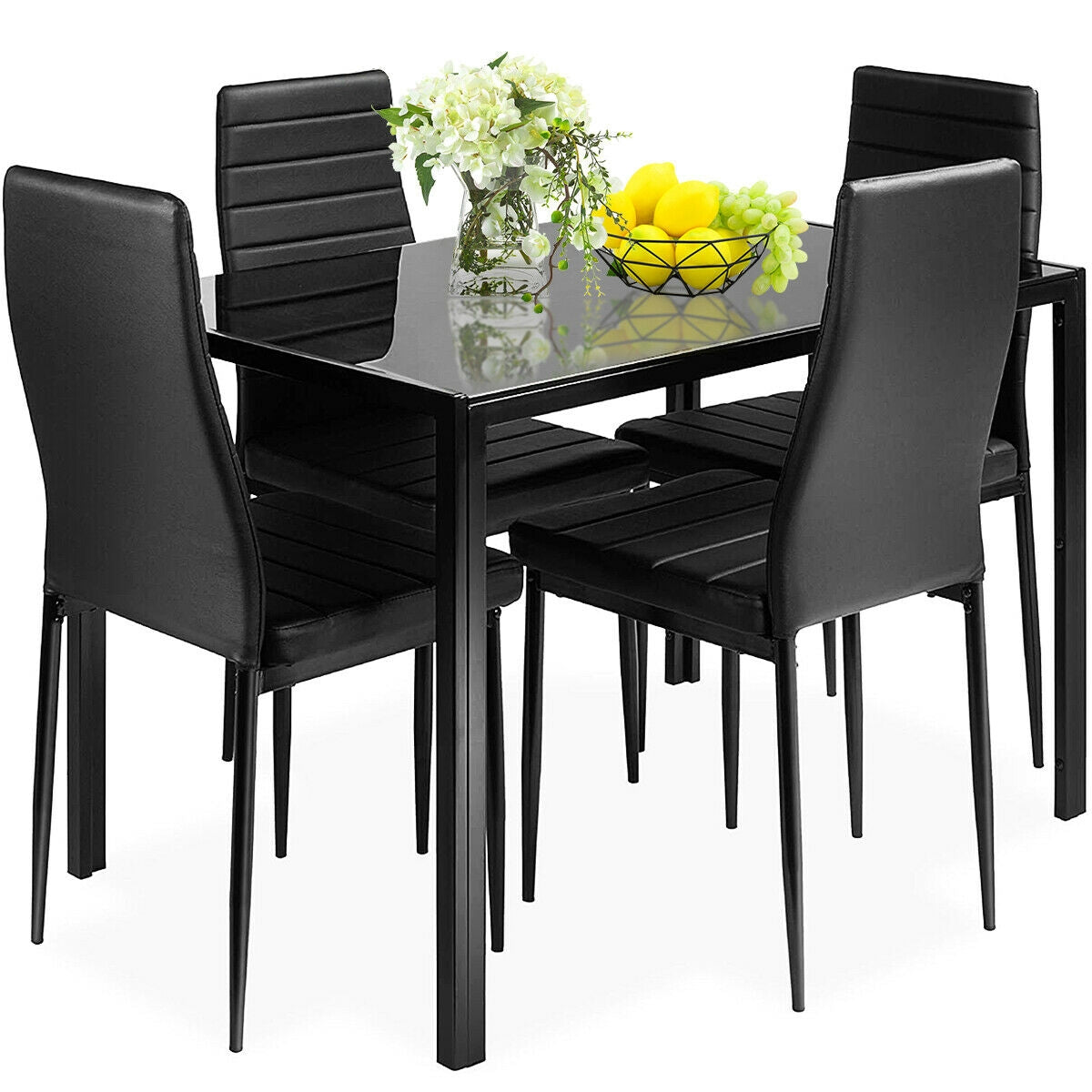 5-Piece Modern Glass Dining Set with Metal Frame – Table and Chairs for Kitchen or Dining Room