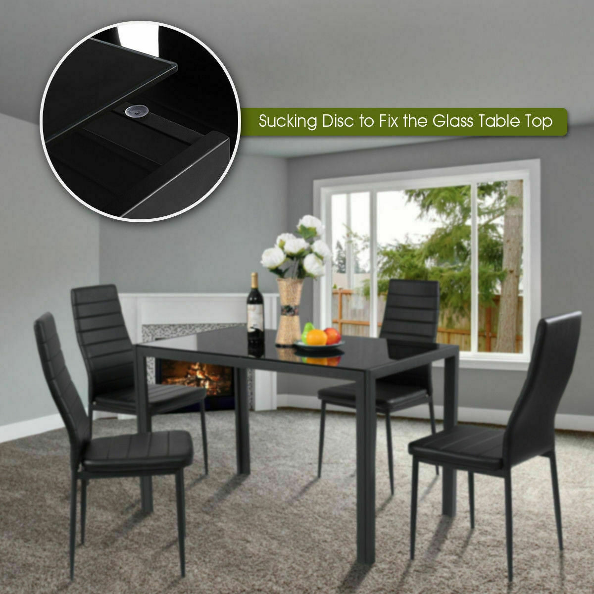 5-Piece Modern Glass Dining Set with Metal Frame – Table and Chairs for Kitchen or Dining Room