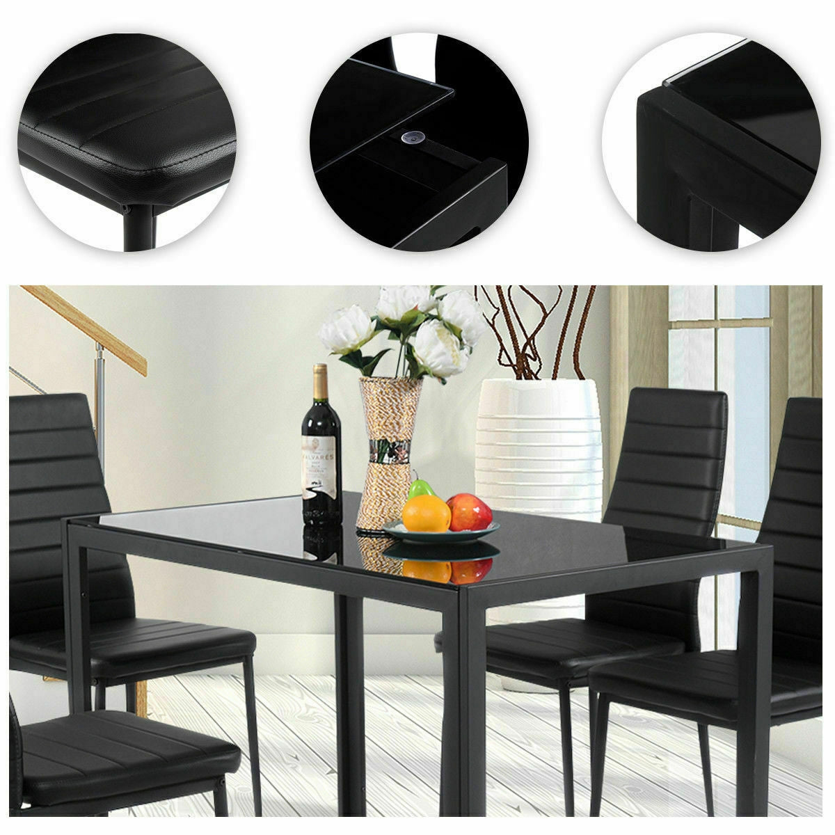 5-Piece Modern Glass Dining Set with Metal Frame – Table and Chairs for Kitchen or Dining Room