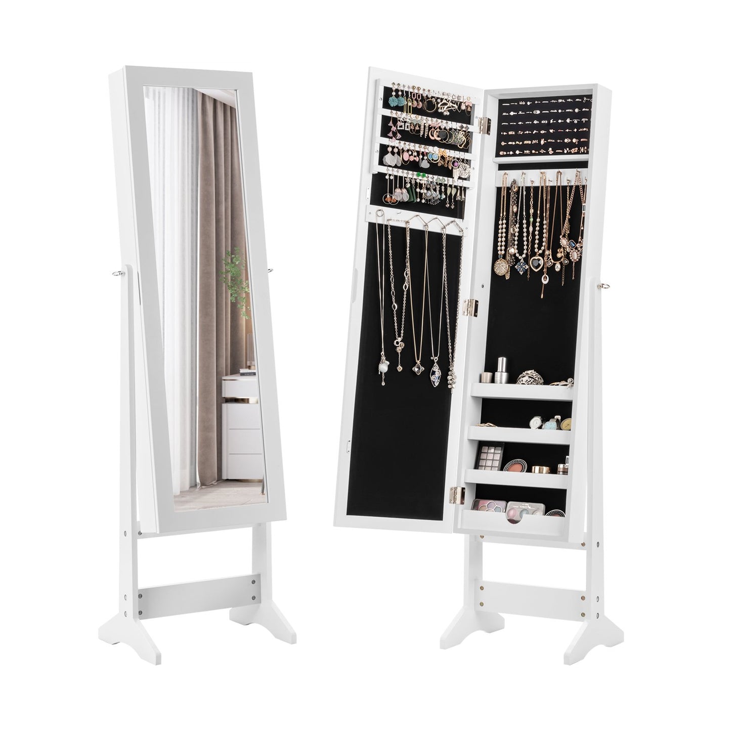Freestanding Jewelry Cabinet Armoire with Full-Length Mirror and Storage Organizer for Accessories – White