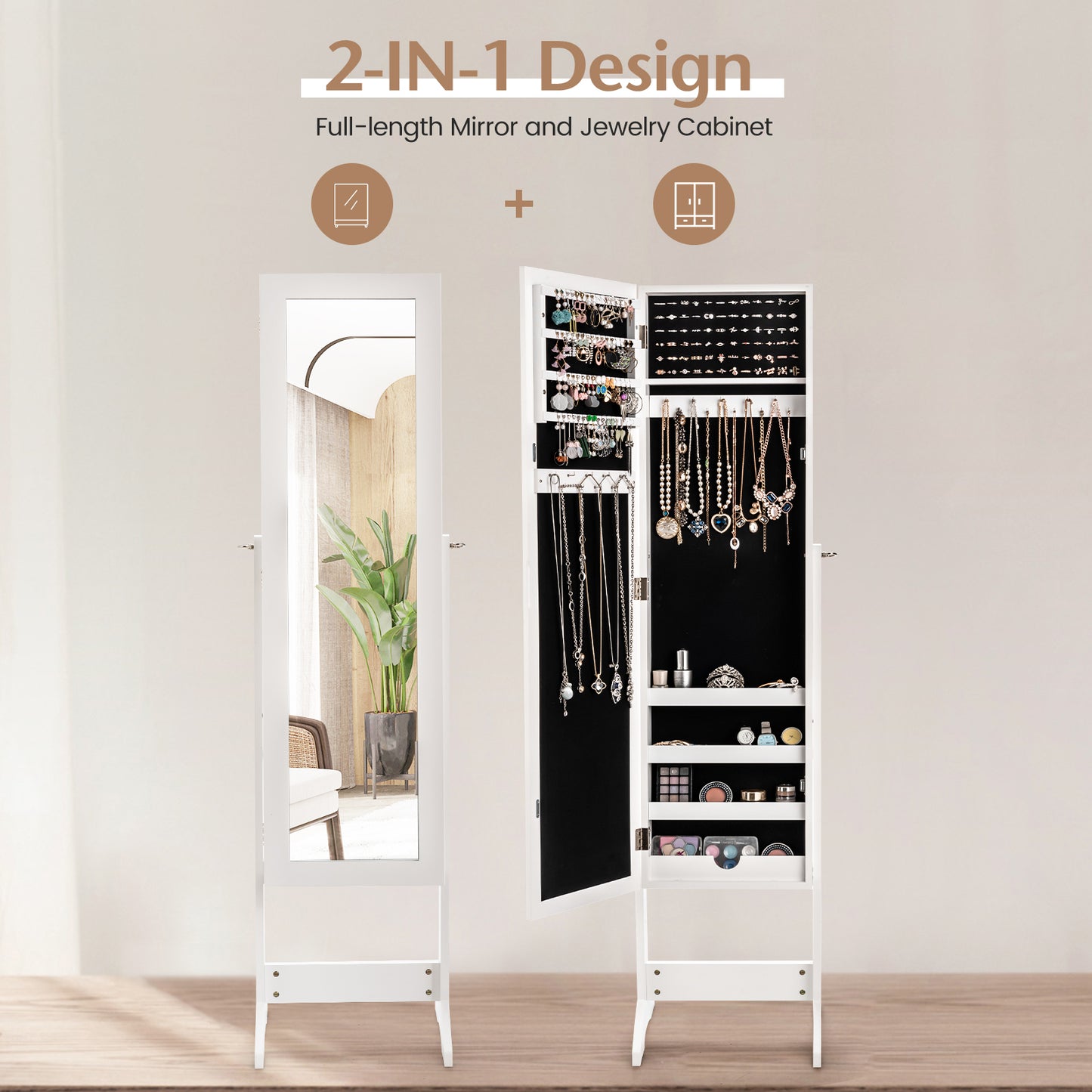 Freestanding Jewelry Cabinet Armoire with Full-Length Mirror and Storage Organizer for Accessories – White